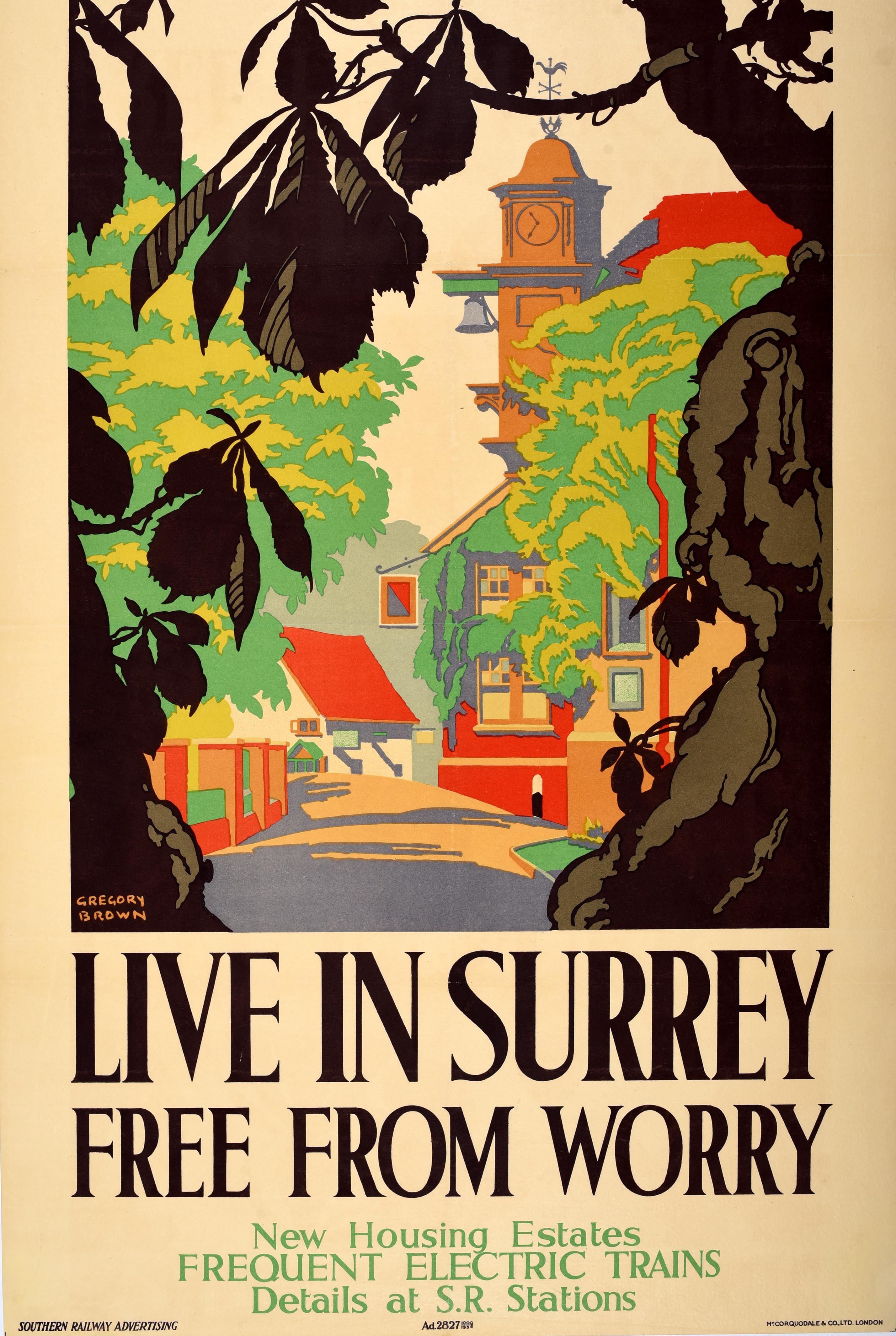Original vintage travel advertising poster - Southern Electric Live In Surrey Free From Worry New housing estates Frequent electric trains Details SR stations - featuring colourful artwork by the artist, metal worker and designer Gregory Brown