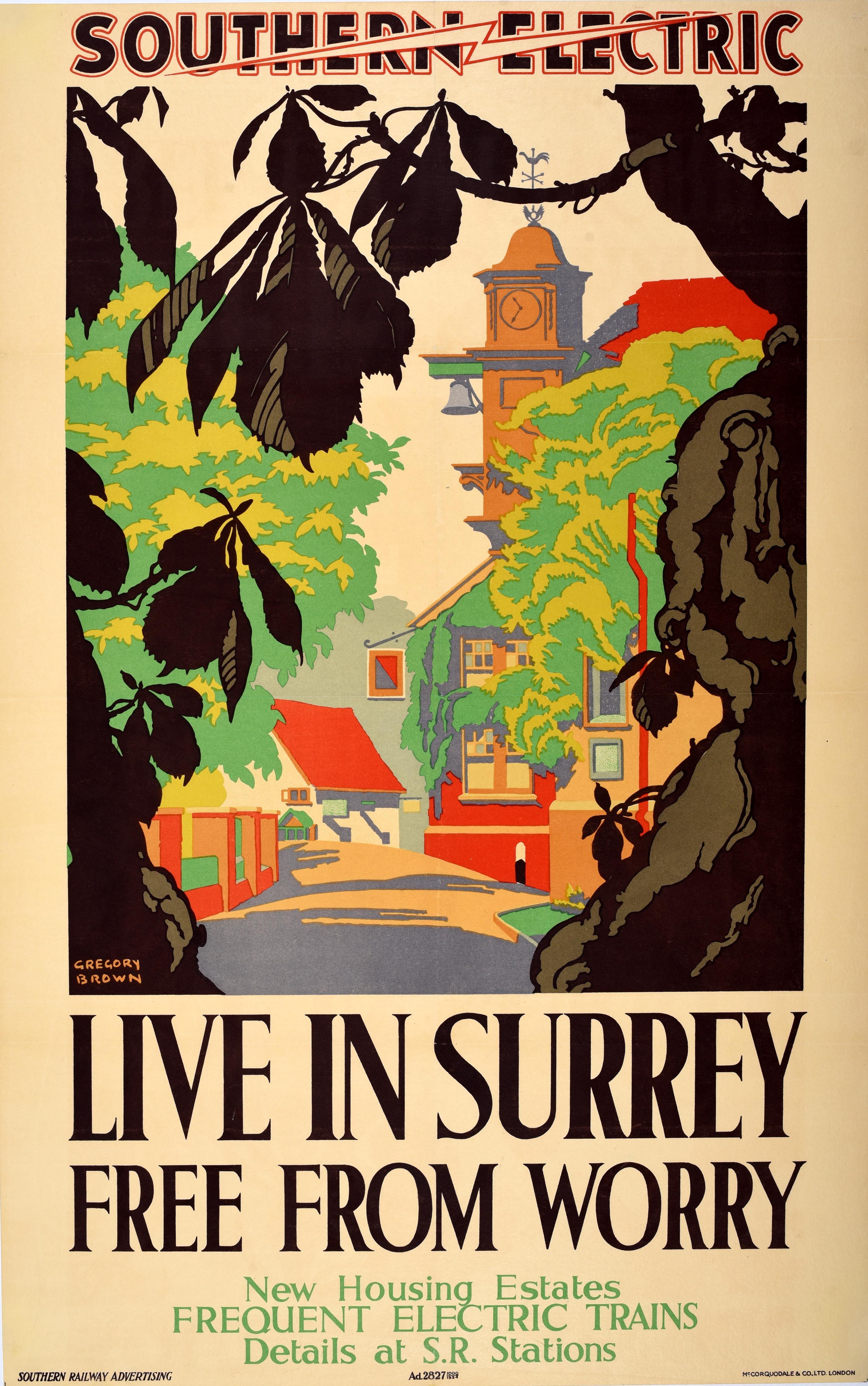 Frederic Gregory Brown Print – Original Vintage-Reiseplakat „ Live In Surrey Free From Worry Southern Electric“, Vintage