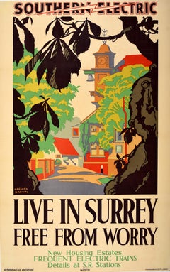 Original Vintage-Reiseplakat „ Live In Surrey Free From Worry Southern Electric“, Vintage