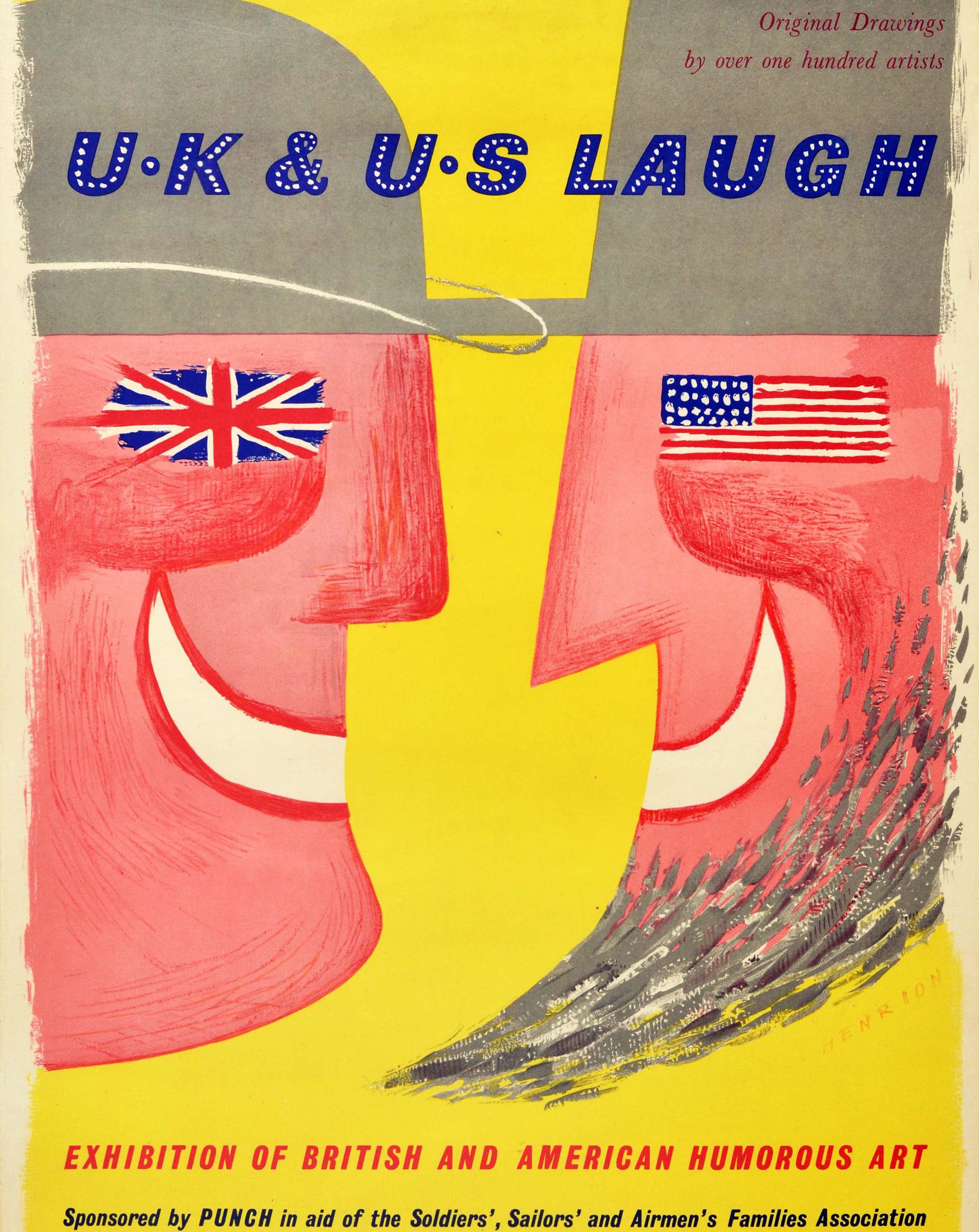 Manifesto originale della mostra - Disegno originale di oltre cento artisti Regno Unito & USA US Laugh mostra di arte umoristica britannica e americana Sponsorizzata da Punch in aiuto della Soldiers', Sailors' and Airmen's Families Association