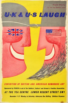Affiche d'origine d'exposition vintage britannique et américaine Laugh British & American Humorous Art