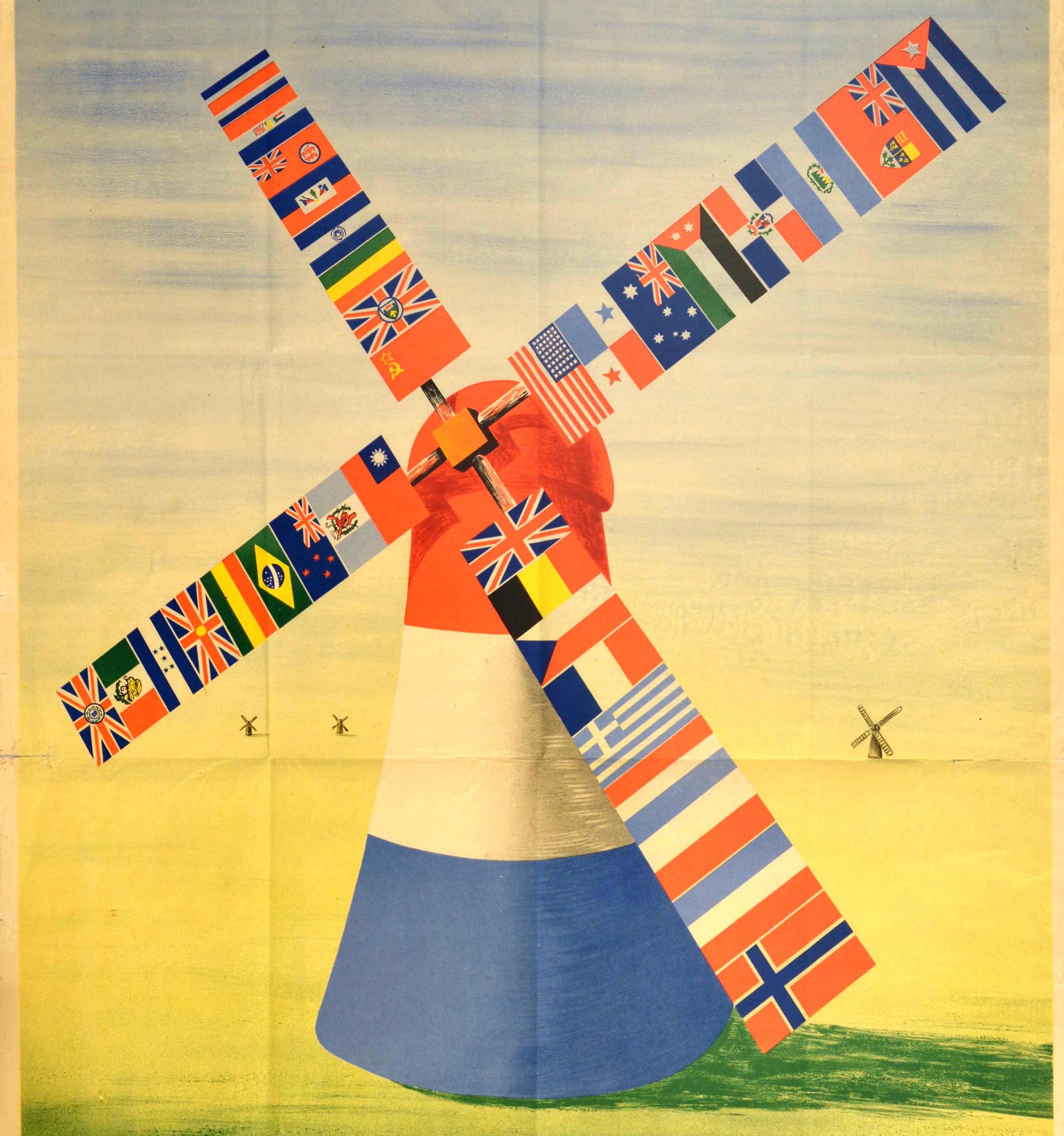 Cartel de propaganda de la Segunda Guerra Mundial original de época - Los Soldados de las Fuerzas Subterráneas Holandesas saludan a los Soldados de las Naciones Unidas / De Binnenlandsche Strijdkrachten groeten de Soldaten der Bondgenooten - con una