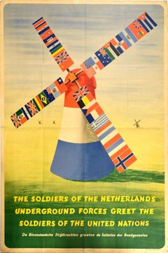 Original Vintage Poster Dutch Resistance Allied Soldiers United Nations WWII Art