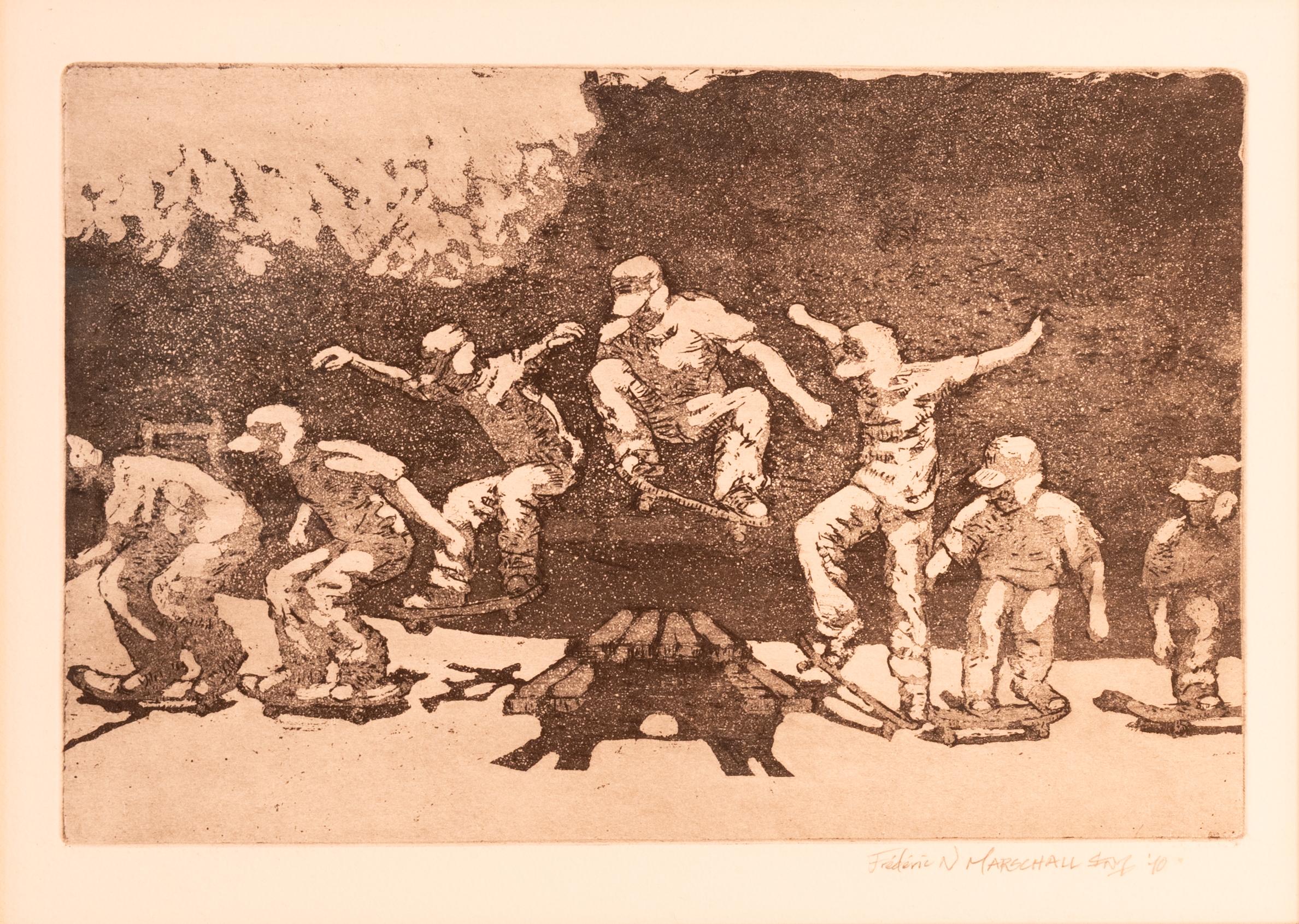 1 etching and 1 aquatint of skating youngsters (2010) - Realist Print by Frederic Marschall