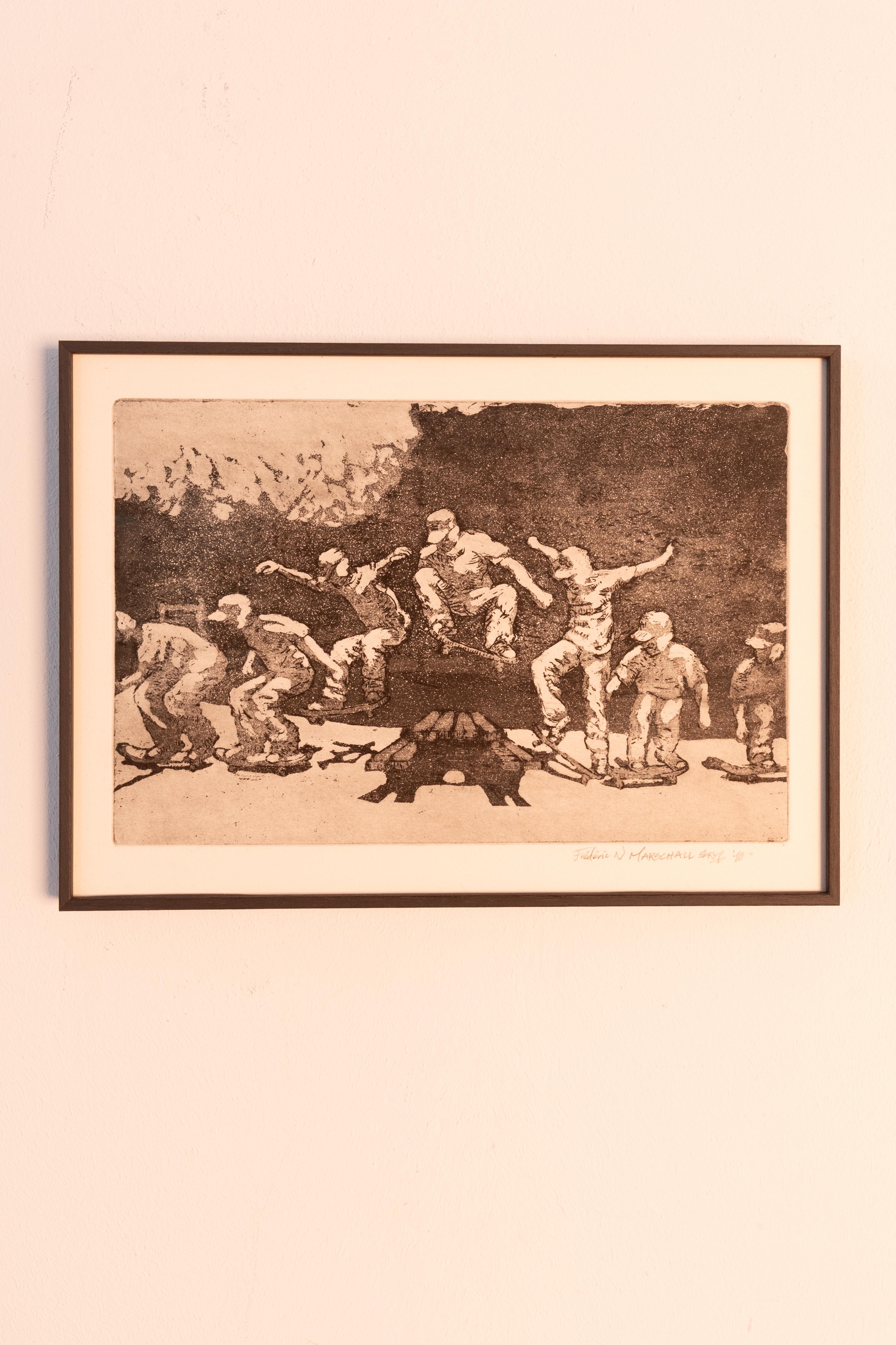 1 etching and 1 aquatint of skating youngsters, made by illustrator and animator Frederic Marschall. 

The aquatint is a negative of the etching. Both were put in a new aluminum frame with non-reflecting museum glass. 