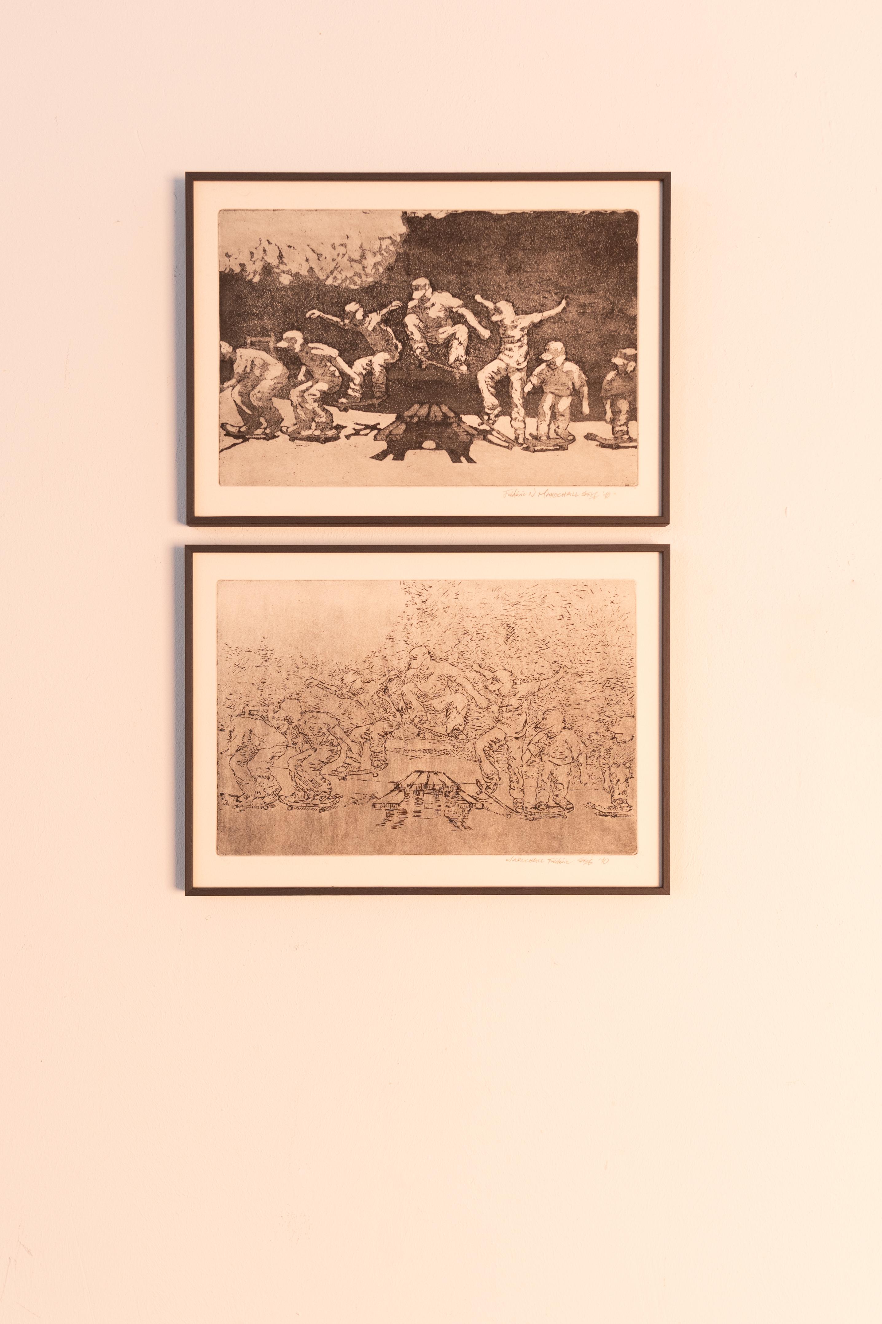 Frederic Marschall Figurative Print - 1 etching and 1 aquatint of skating youngsters (2010)