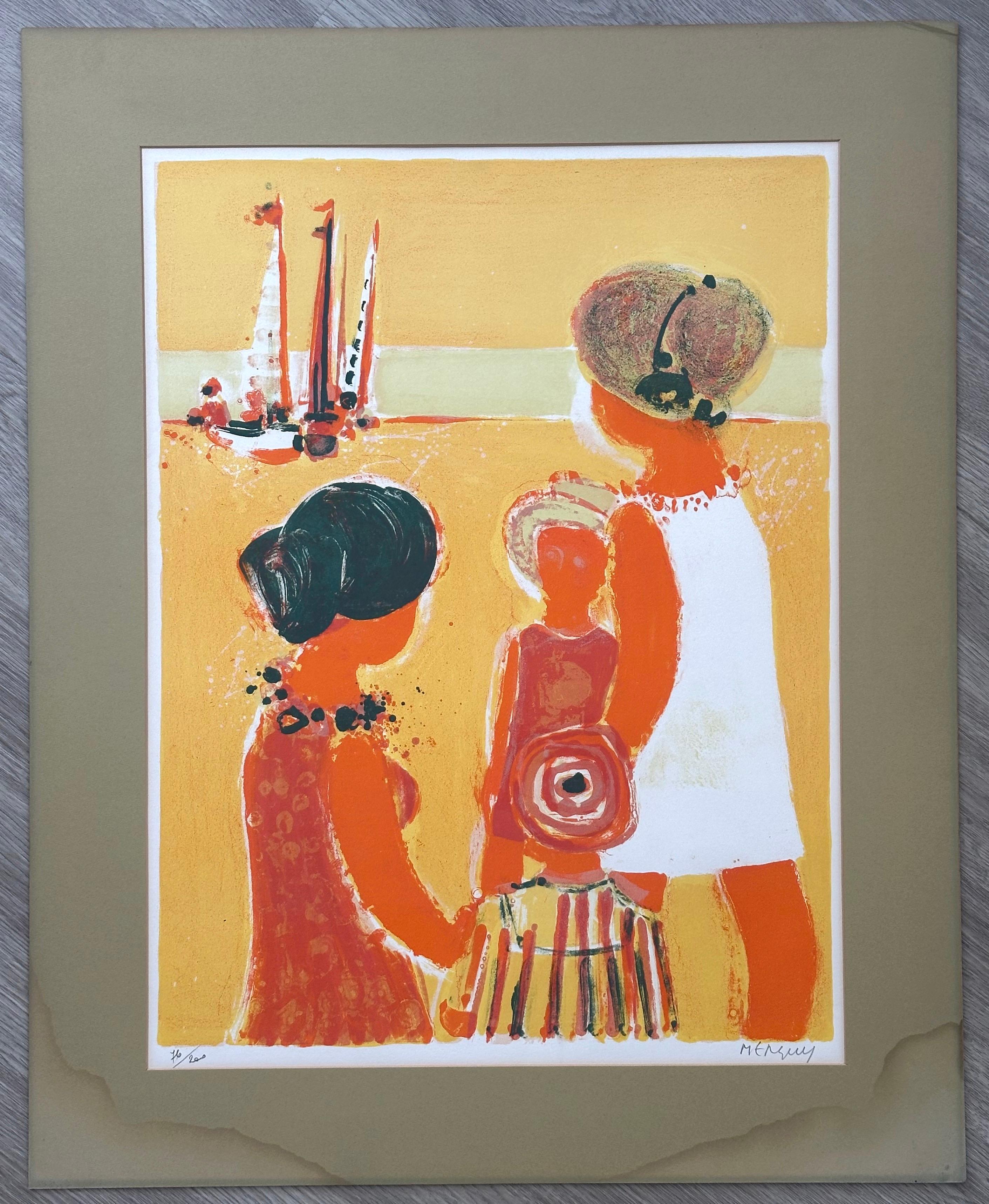 En Allant a la Plage (Strandlandschaft mit Booten Frankreich) – Print von Frederic Menguy