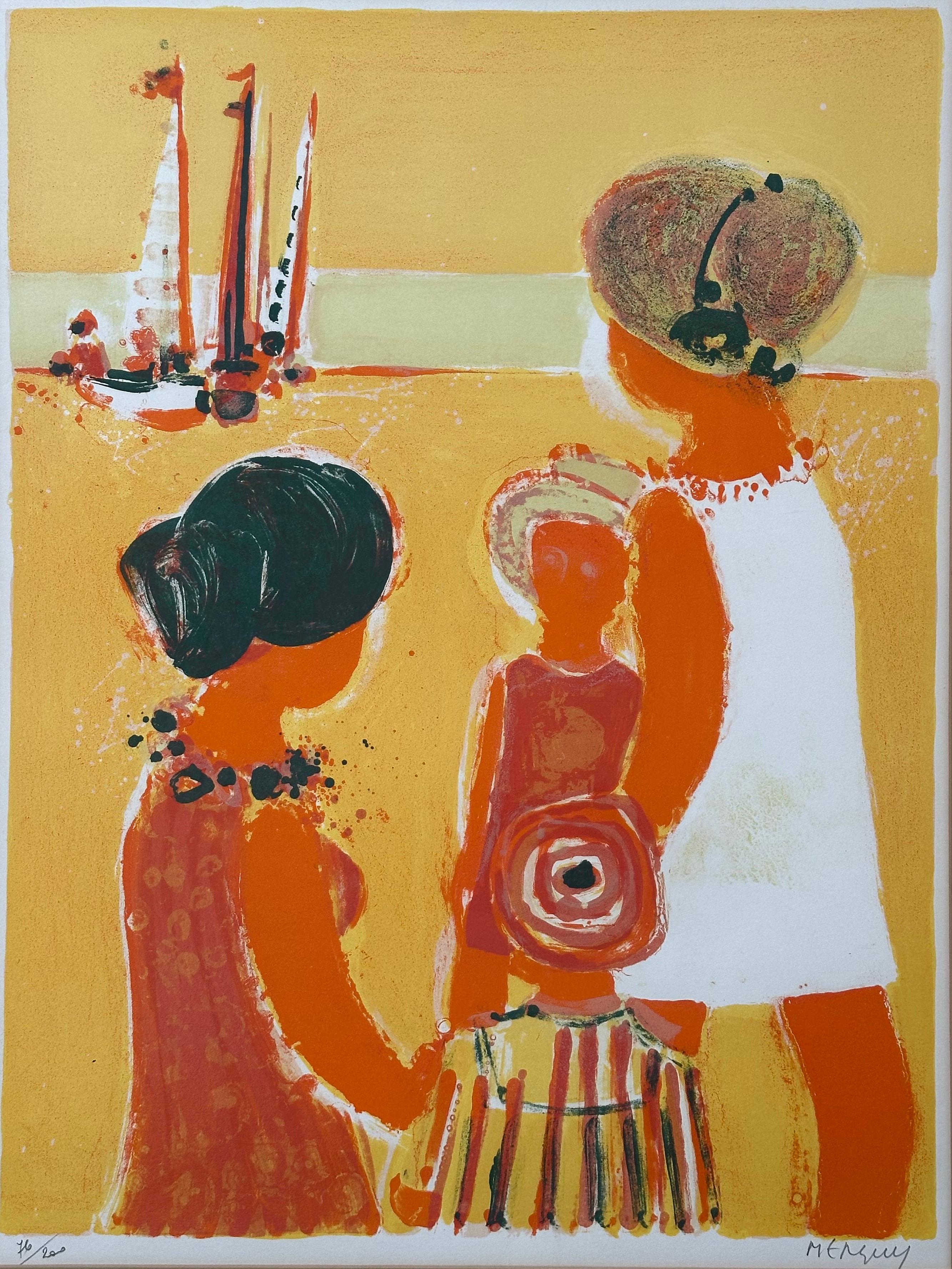Frederic Menguy Figurative Print – En Allant a la Plage (Strandlandschaft mit Booten Frankreich)