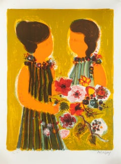 Femmes aux Fleurs, lithographie surréaliste de Frederic Menguy