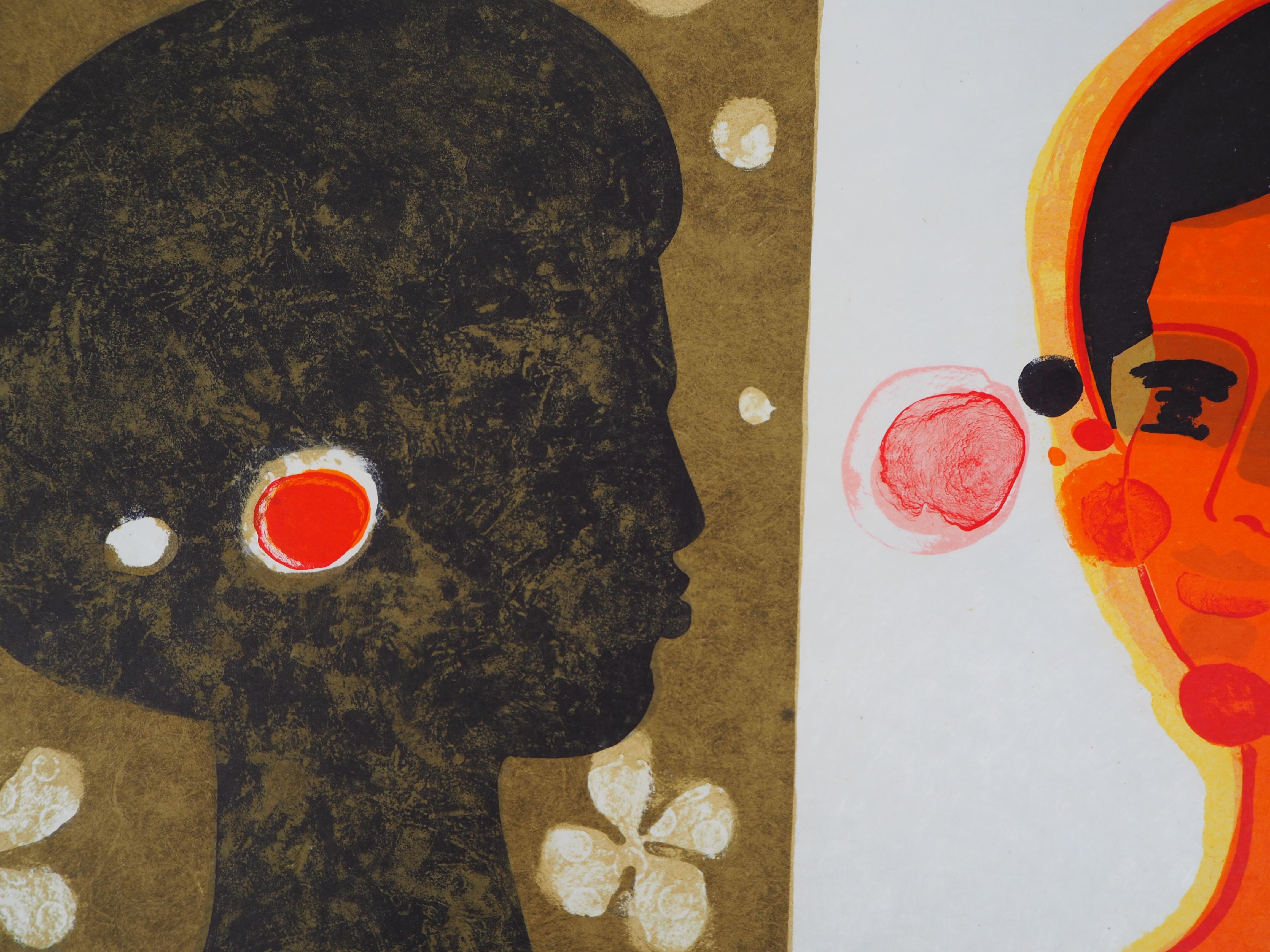 Donna che si guarda allo specchio - litografia originale, firmata a mano - Portrait Print Marrone di Frederic Menguy