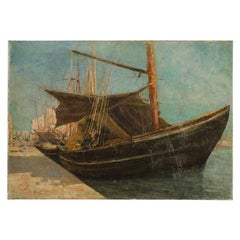 Antique Frederic Montenard (French, 1849-1926), "Fishing Boats in a Harbor" painting.