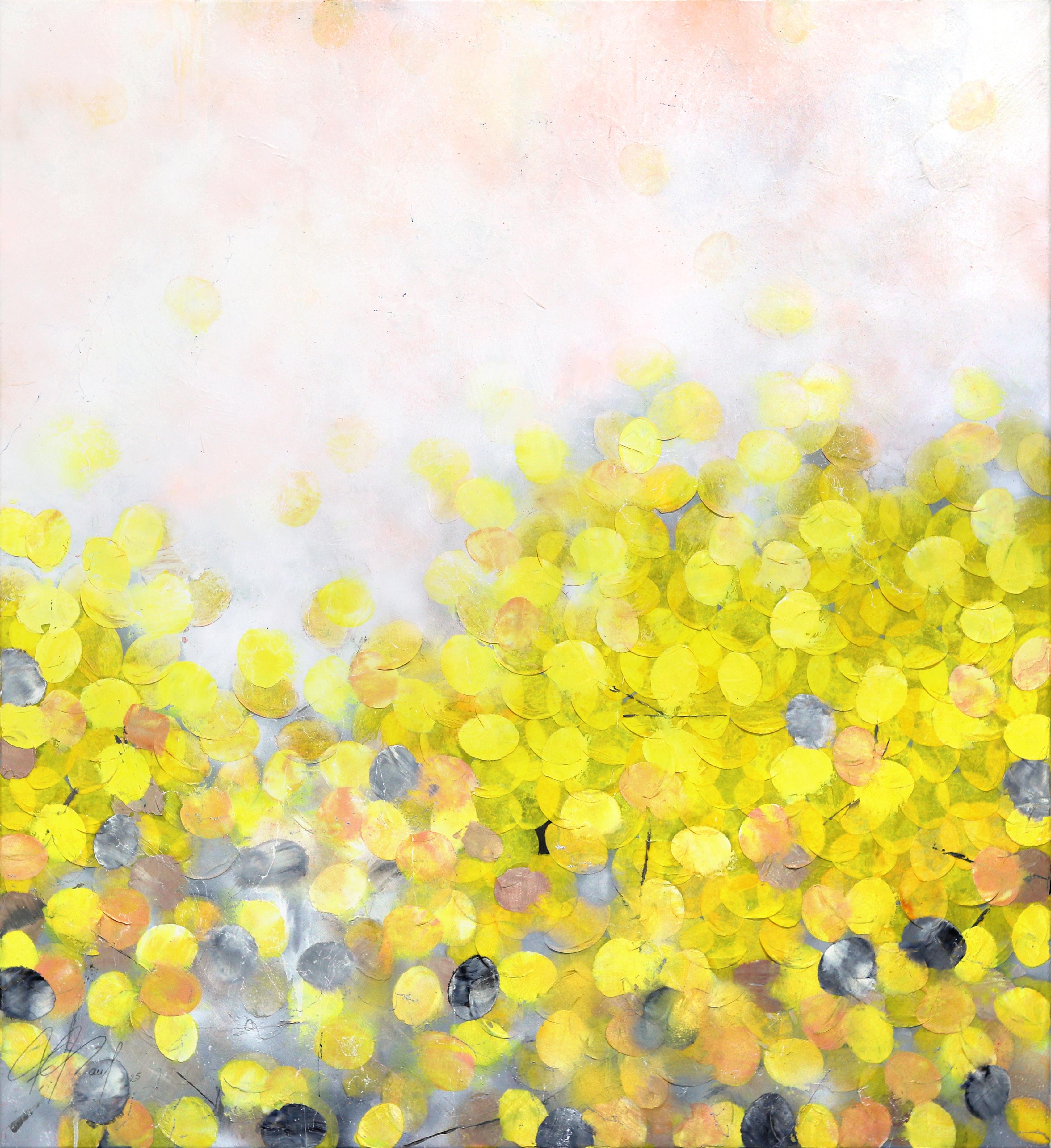 Whispers of the Sun, œuvre d'art de paysage abstrait jaune texturé et aux tons doux