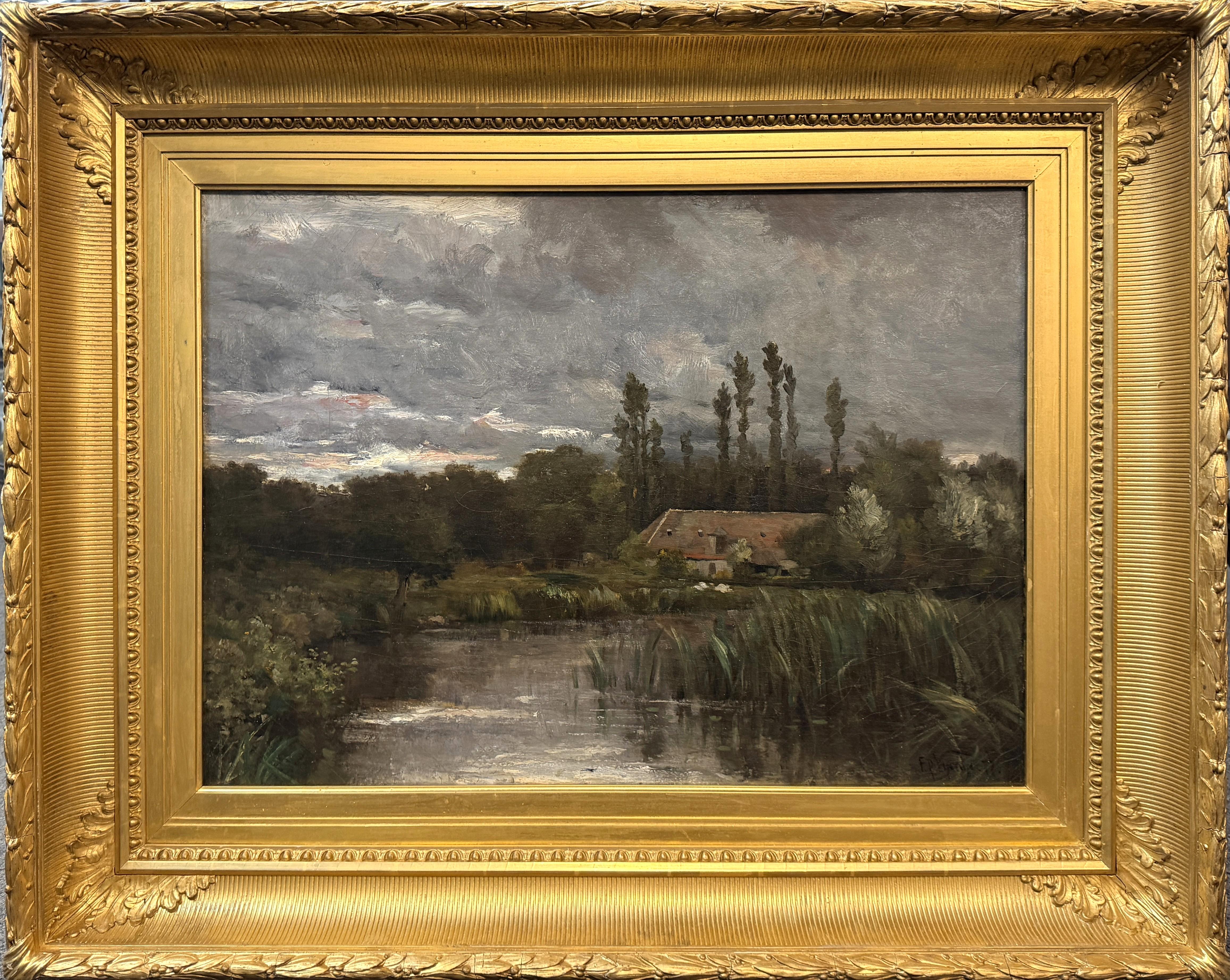 A well executed impressionist landscape of a cottage near a pond in Polling, Germany by American artist Frederic Porter Vinton (1846-1911). Vinton was born in Bangor, Maine, studied with  William Morris Hunt, as well as taking drawing classes with