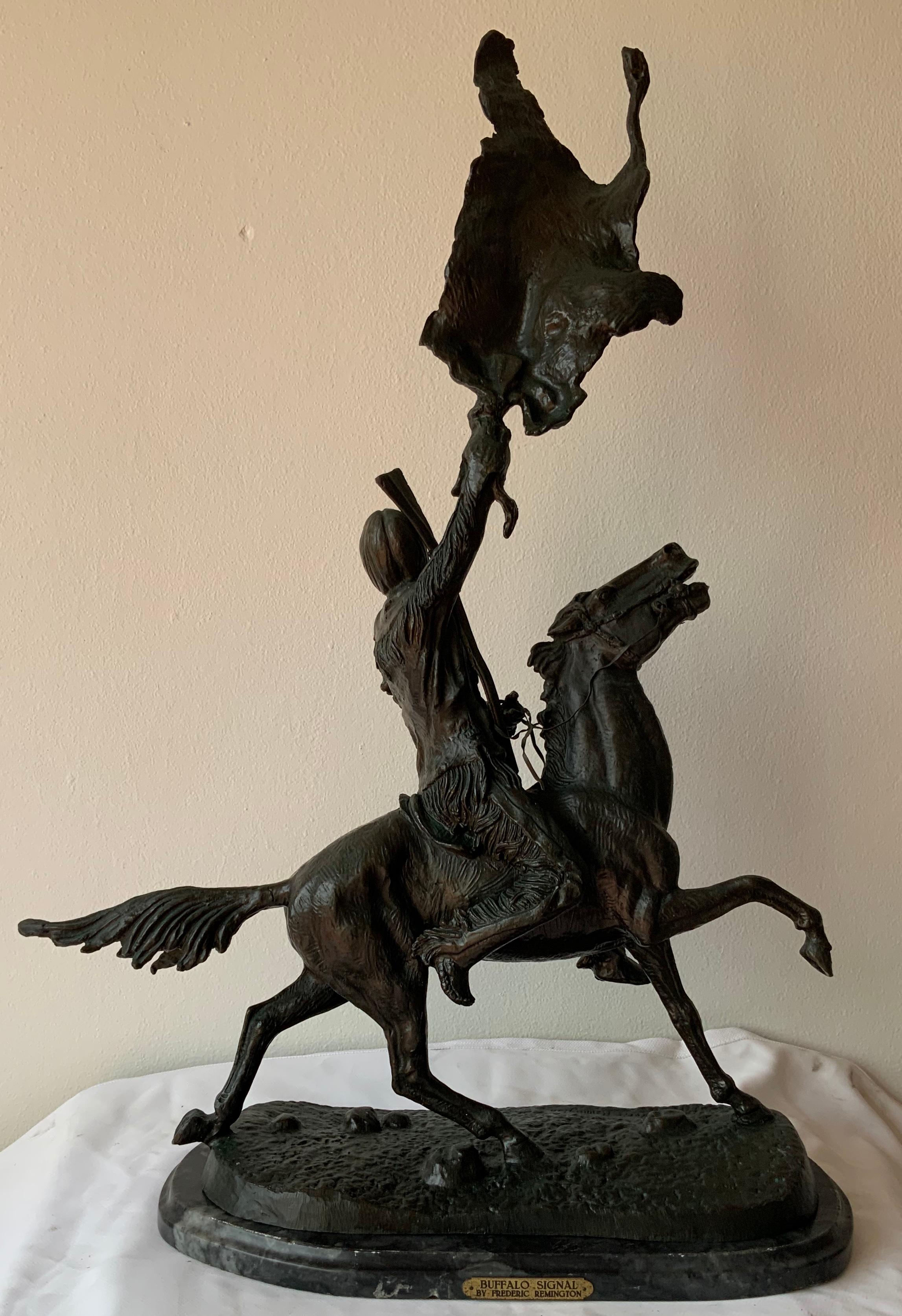 Bronze Frederic Remington Buffalo Signal Native American Riding a Horse Sculpture