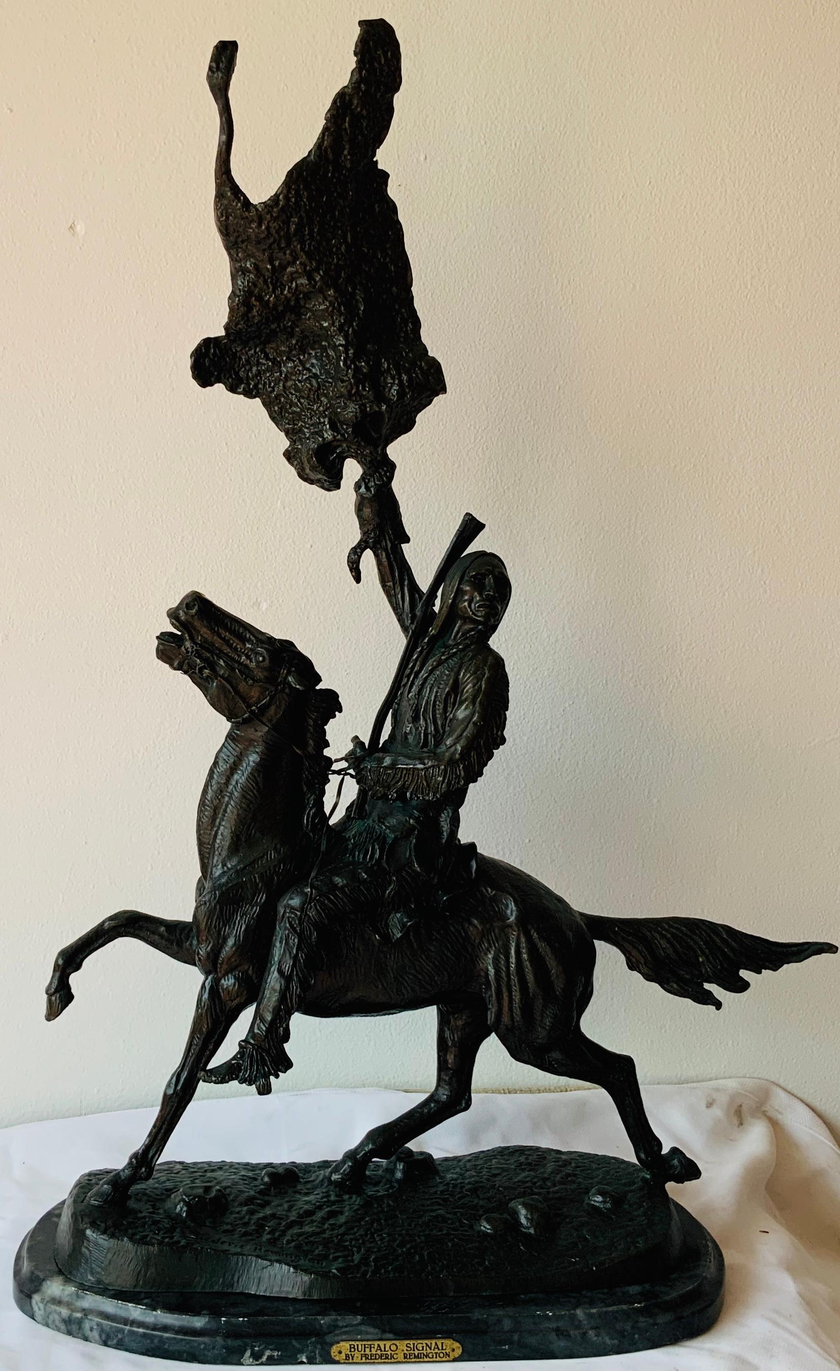 This is a very heavy sculpture of a victorious Native American man riding his horse with one hand while lifting up the slain buffalo with the other hand after successfully achieving the hunting of this animal. The horse is raising his right leg and
