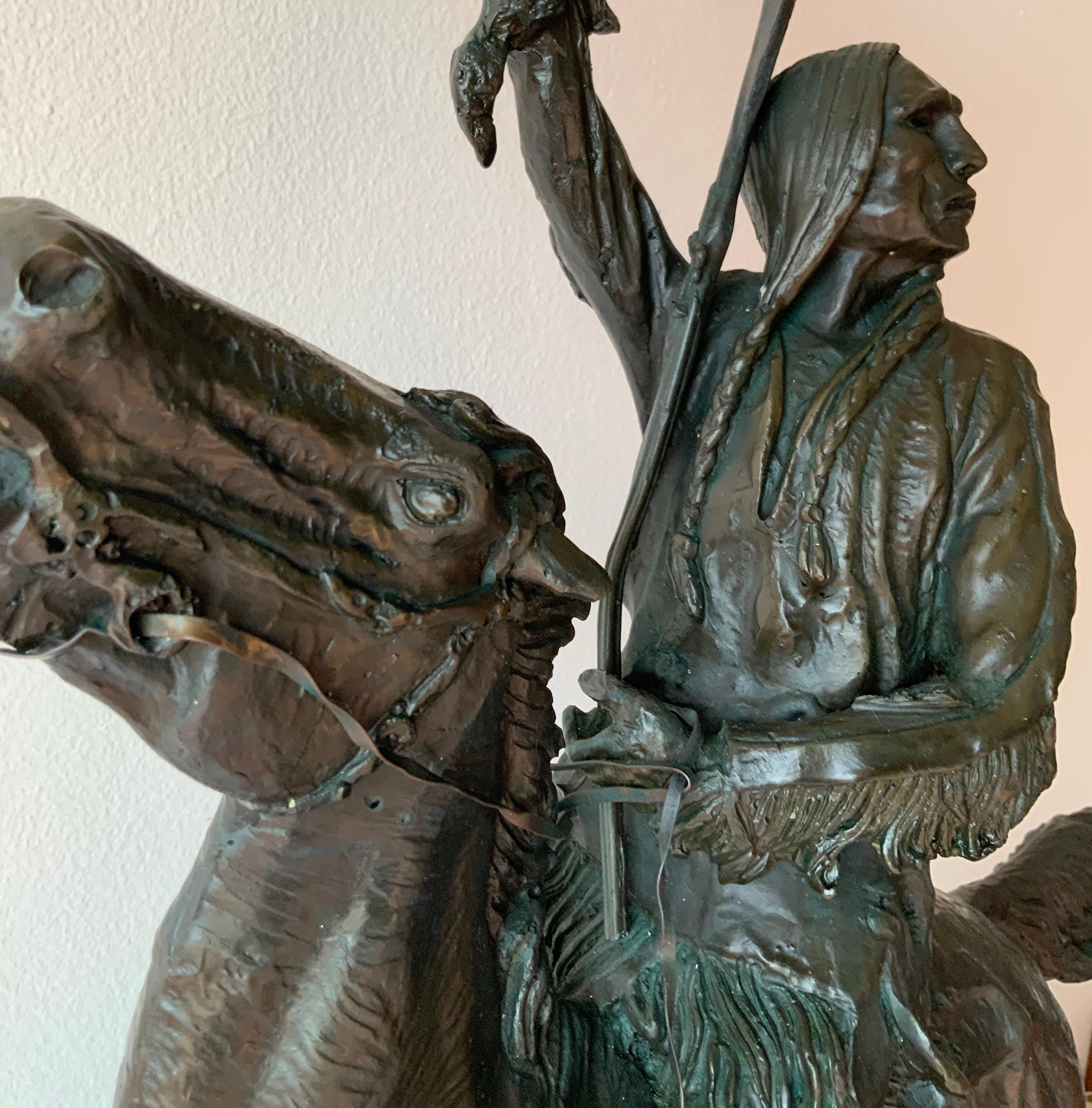 Molded Frederic Remington Buffalo Signal Native American Riding a Horse Sculpture