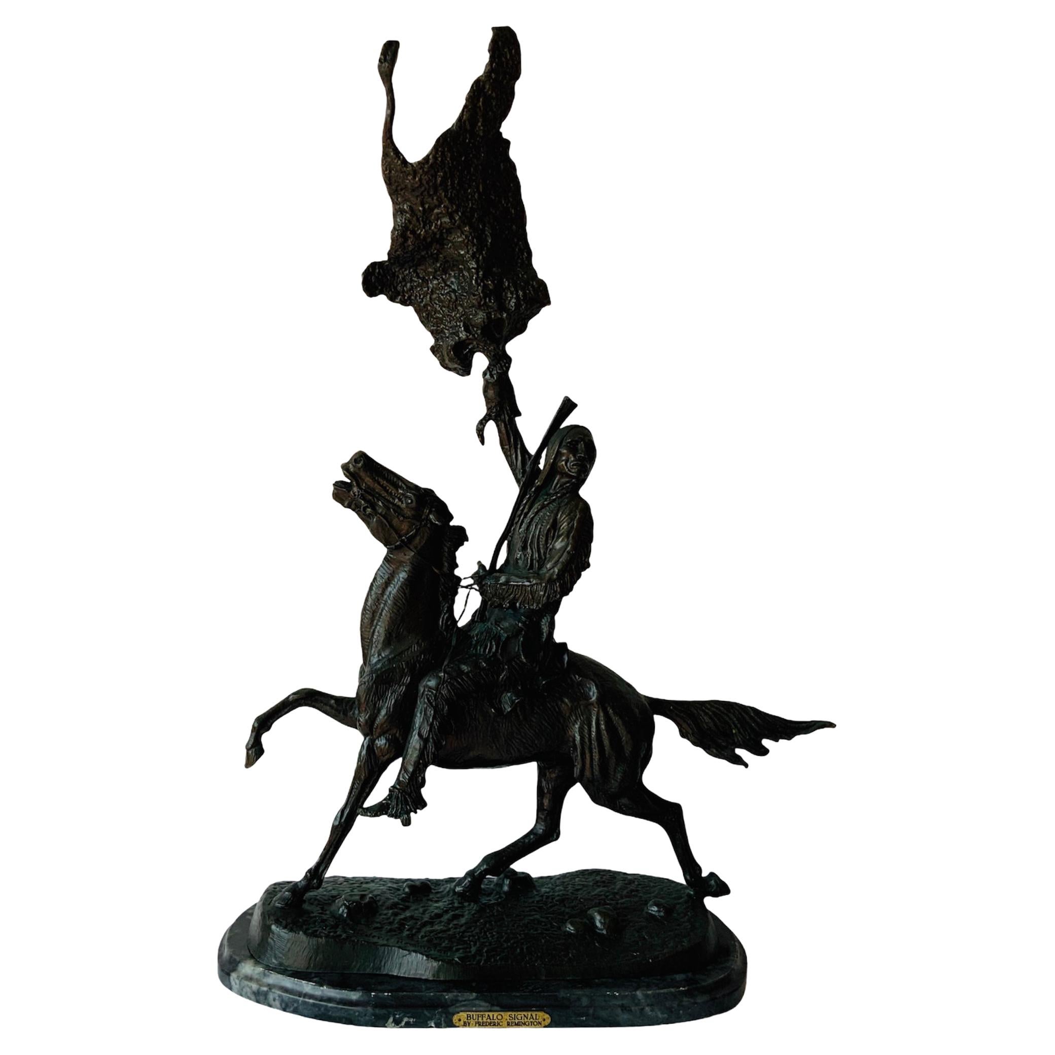 Frederic Remington Buffalo Signal Native American Riding a Horse Sculpture