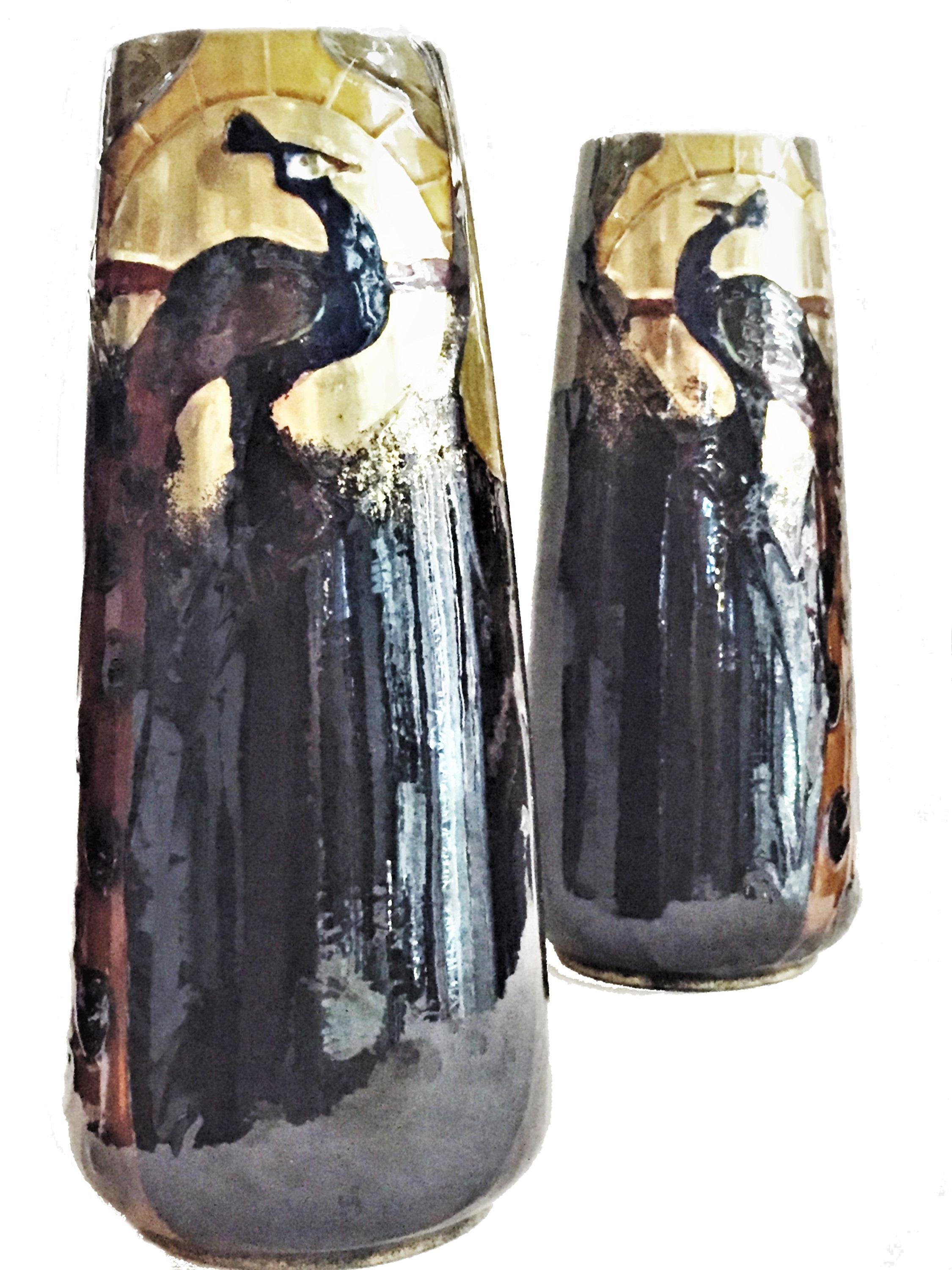 Arts and Crafts Frederic Rhead, a Pair of Arts & Crafts Terracotta Vases with Peacocks, ca. 1900 For Sale