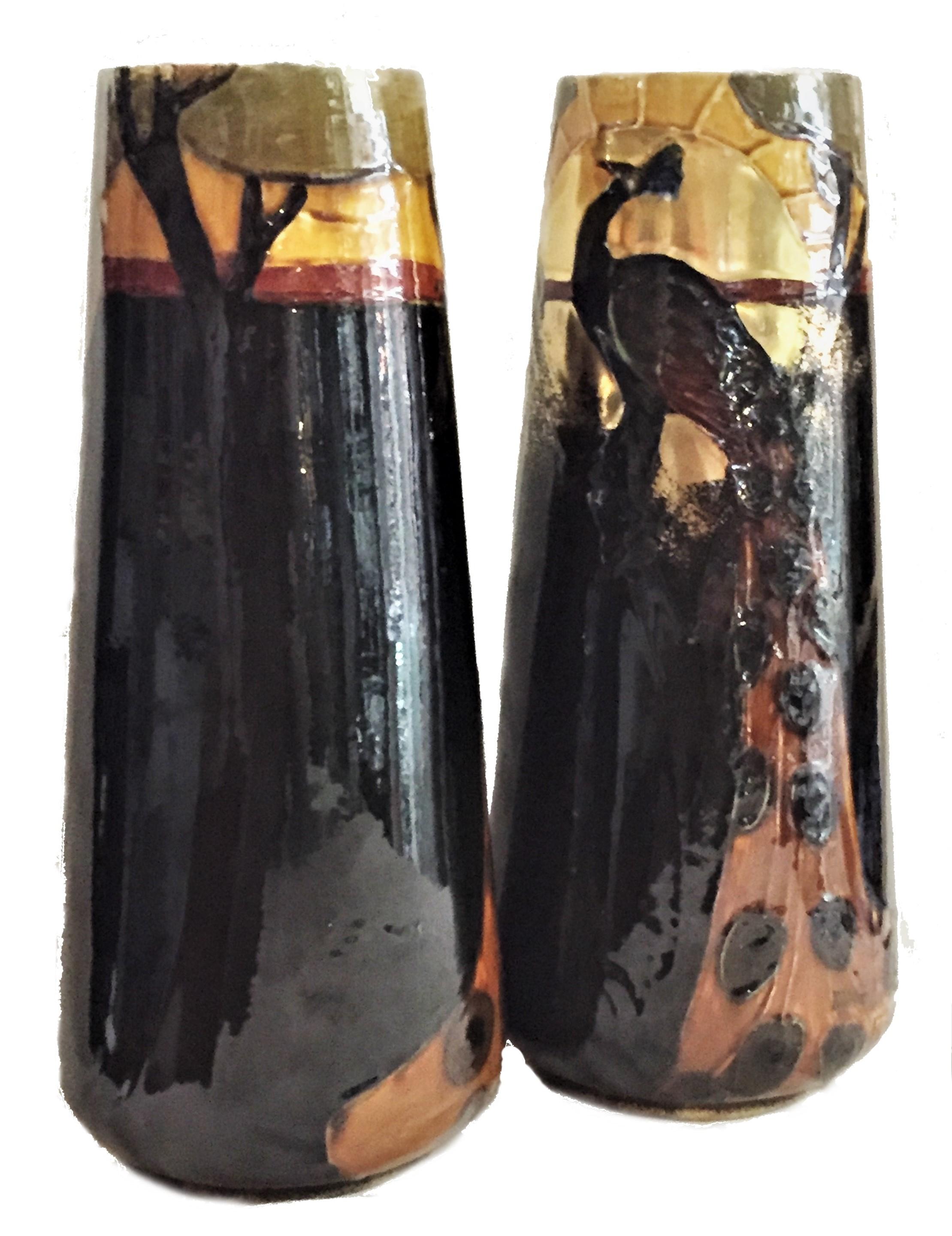 Glazed Frederic Rhead, a Pair of Arts & Crafts Terracotta Vases with Peacocks, ca. 1900 For Sale