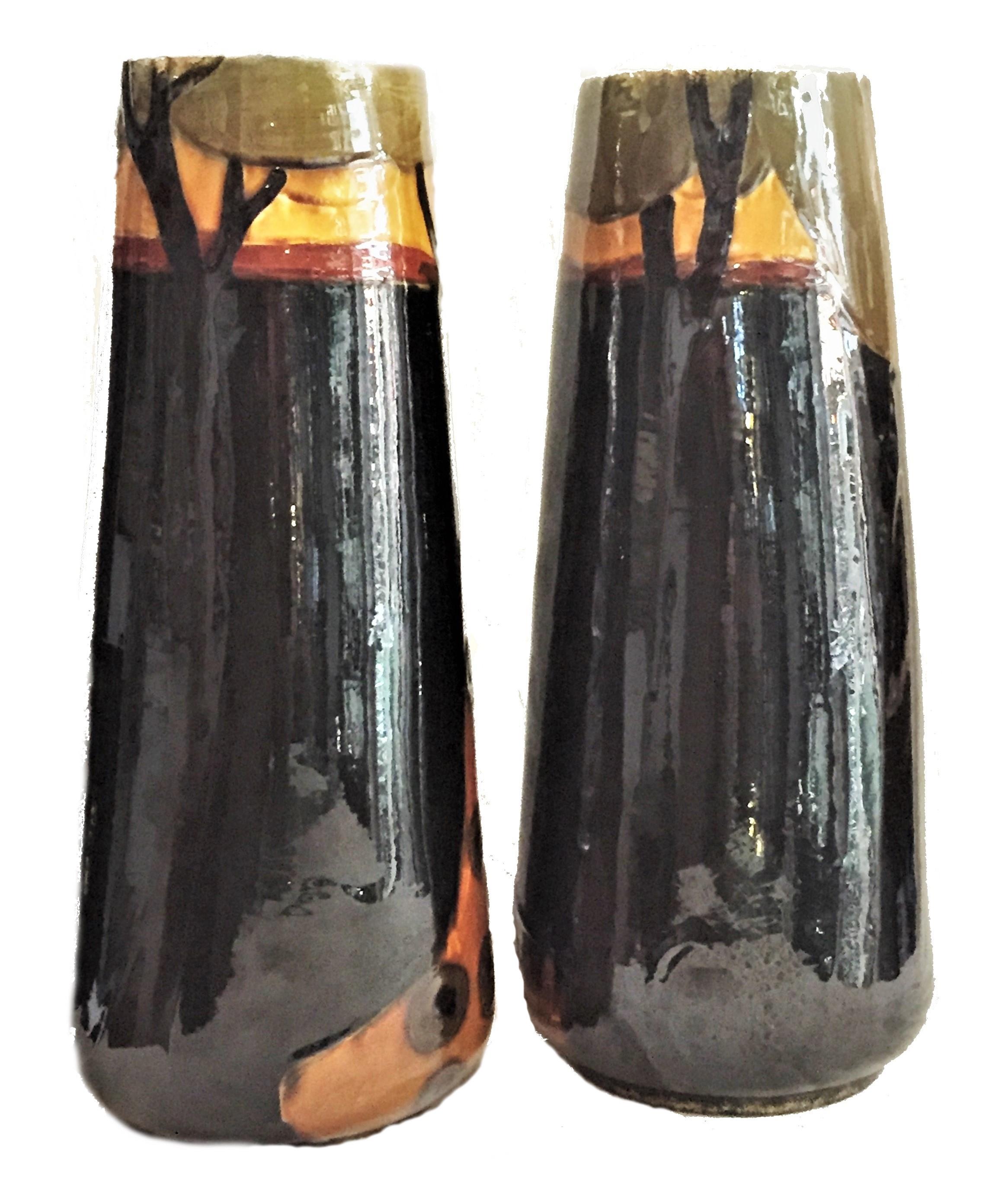 Frederic Rhead, a Pair of Arts & Crafts Terracotta Vases with Peacocks, ca. 1900 In Good Condition For Sale In New York, NY