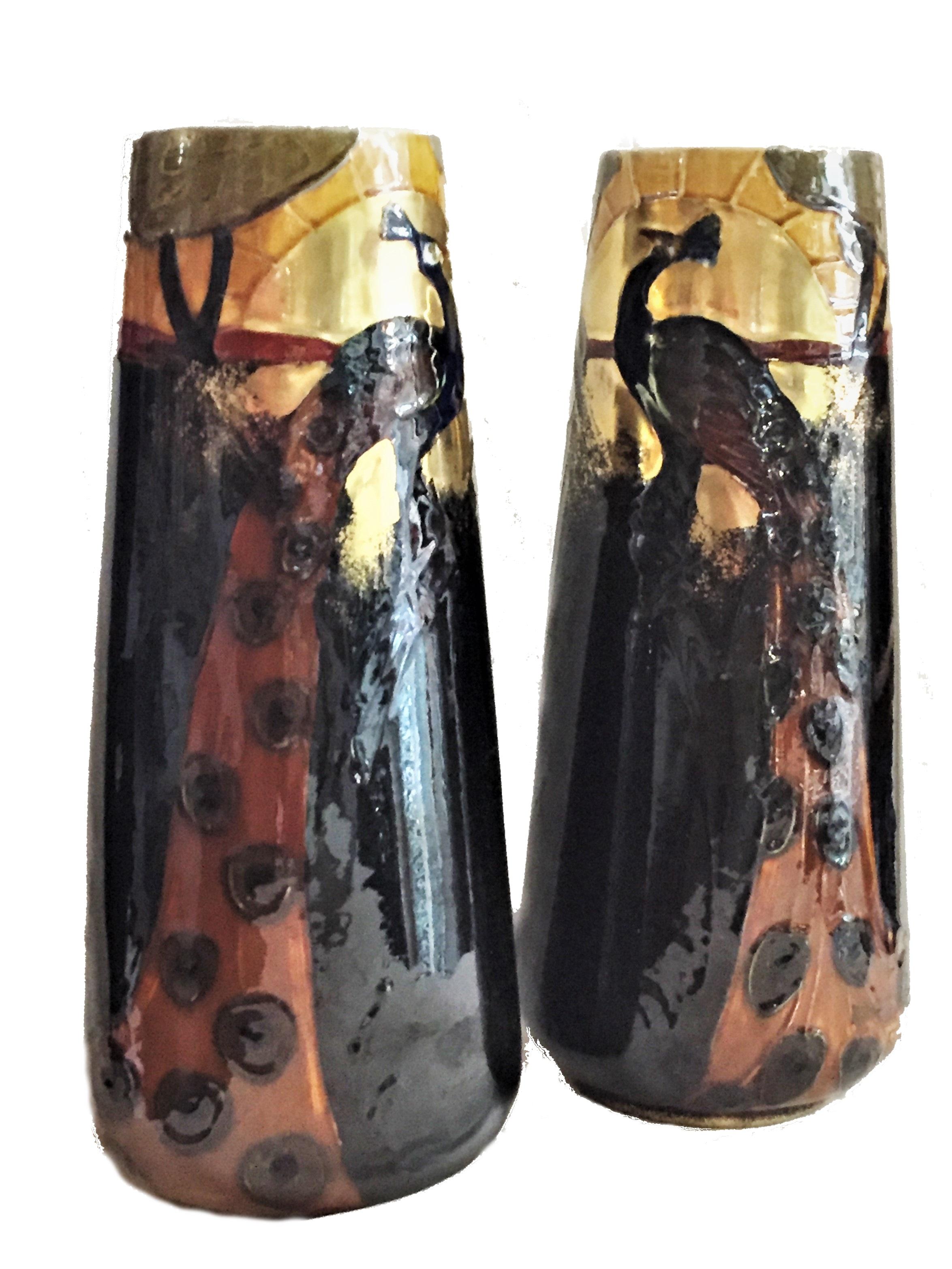 Frederic Rhead, a Pair of Arts & Crafts Terracotta Vases with Peacocks, ca. 1900 For Sale 1