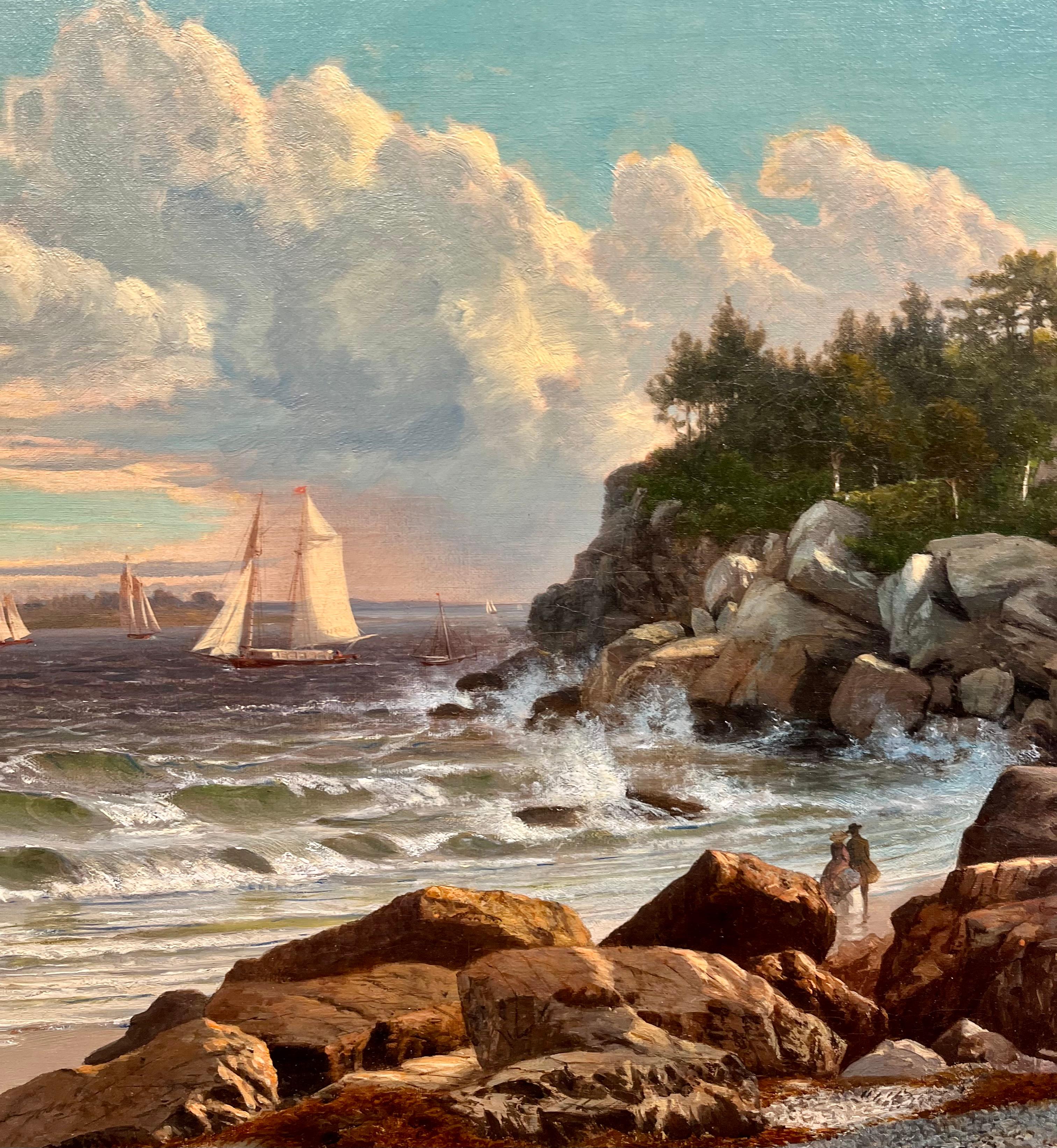 Marcher le long d'un SHORE rocheux - Hudson River School Painting par Frederic Rondel