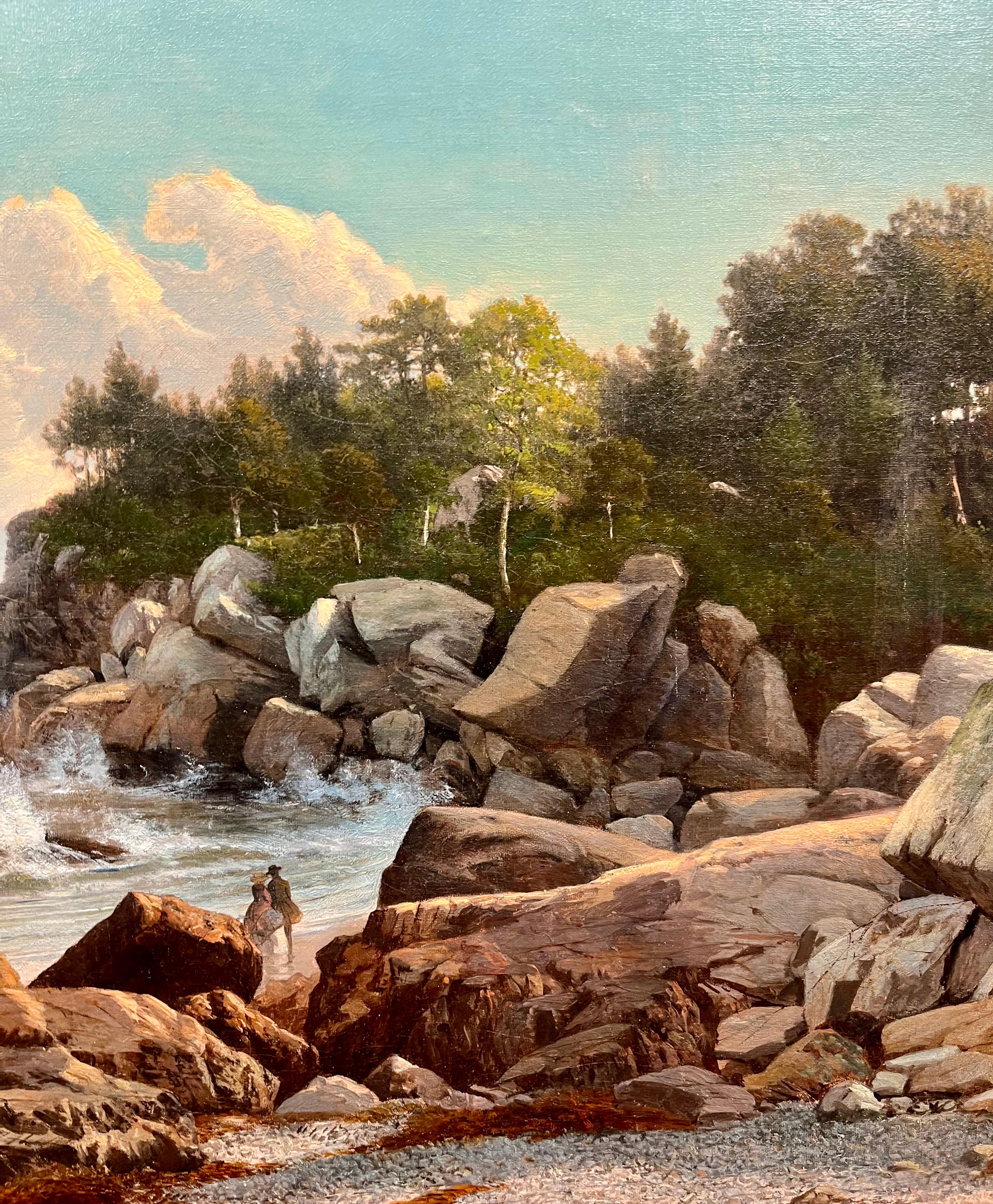 Marcher le long d'un SHORE rocheux - Marron Landscape Painting par Frederic Rondel