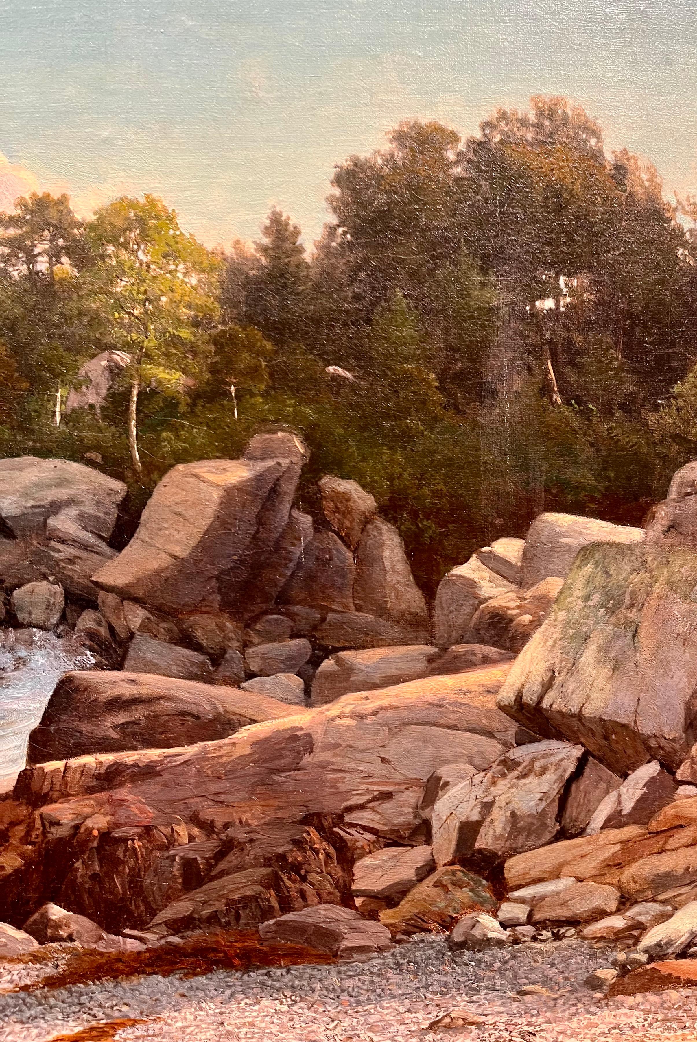 Avec une précision magistrale et un sens aigu de l'atmosphère, Frédéric Rondel capture la beauté sauvage du littoral dans Walking Along a Rocky Shore. La peinture représente un rivage balayé par le vent, où les vagues s'écrasent contre des rochers