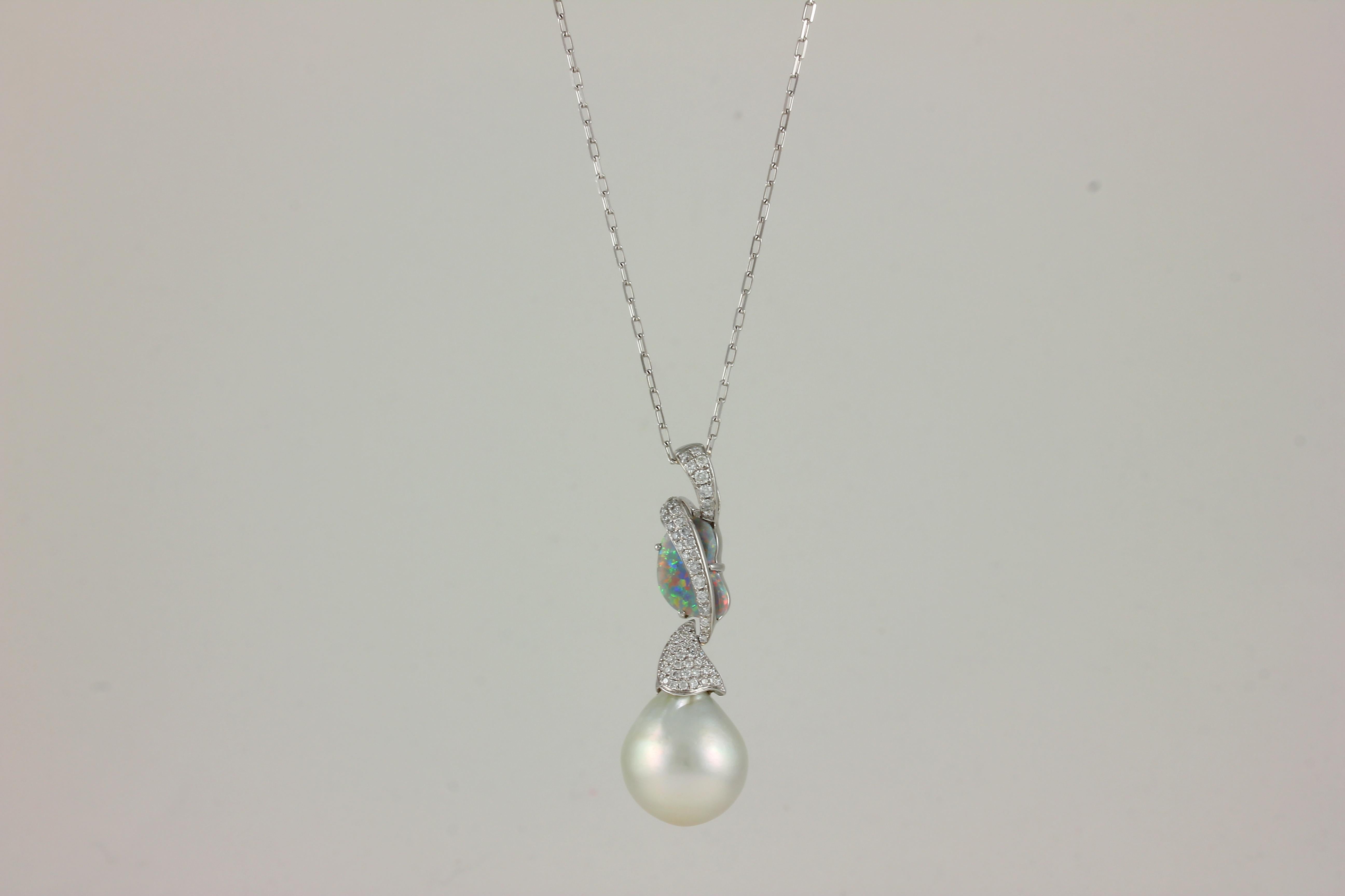 Contemporary Frederic Sage 1.33 Opal and Pearl One of Kind Pendant Necklace with Chain For Sale