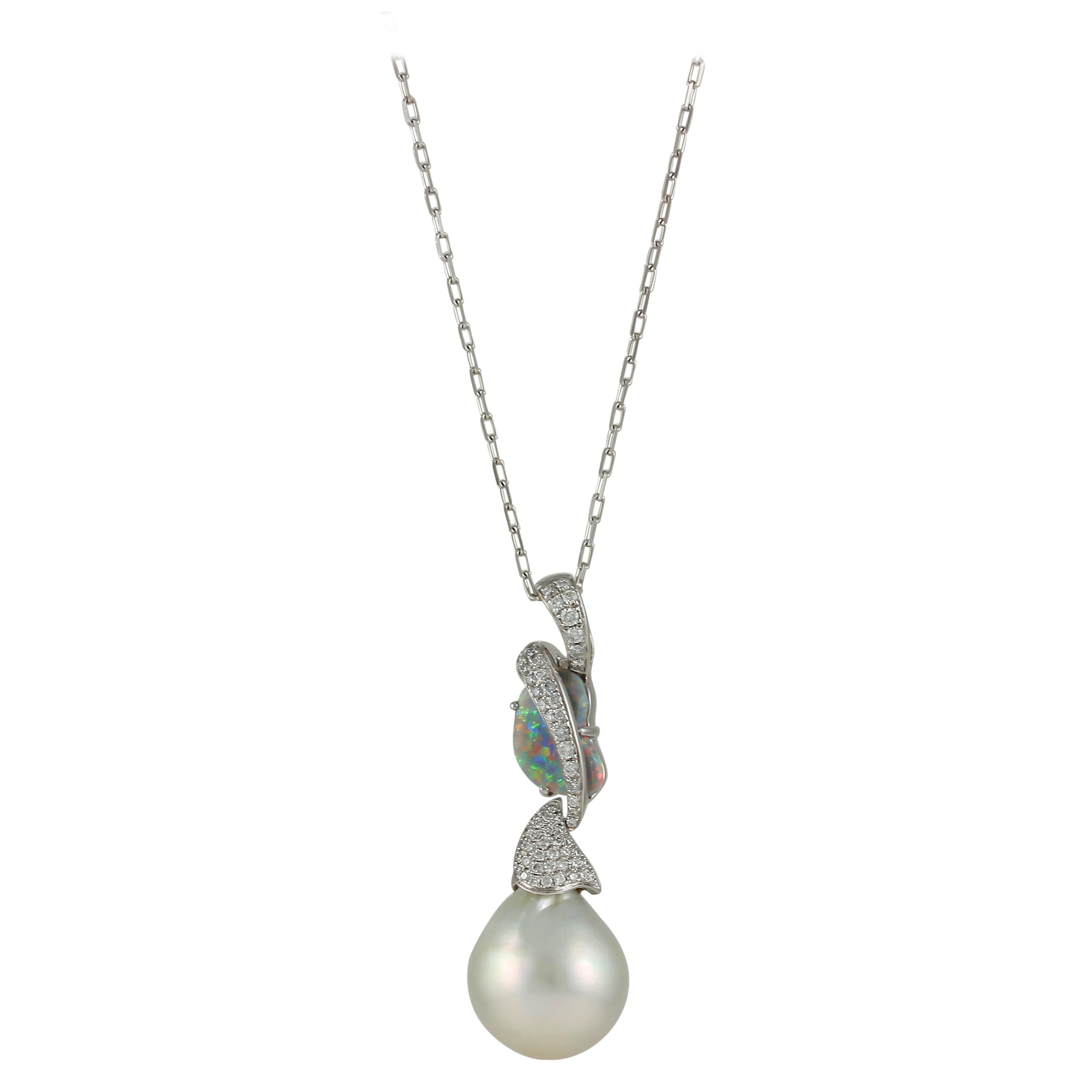 Frederic Sage 1.33 Opal and Pearl One of Kind Pendant Necklace with Chain For Sale
