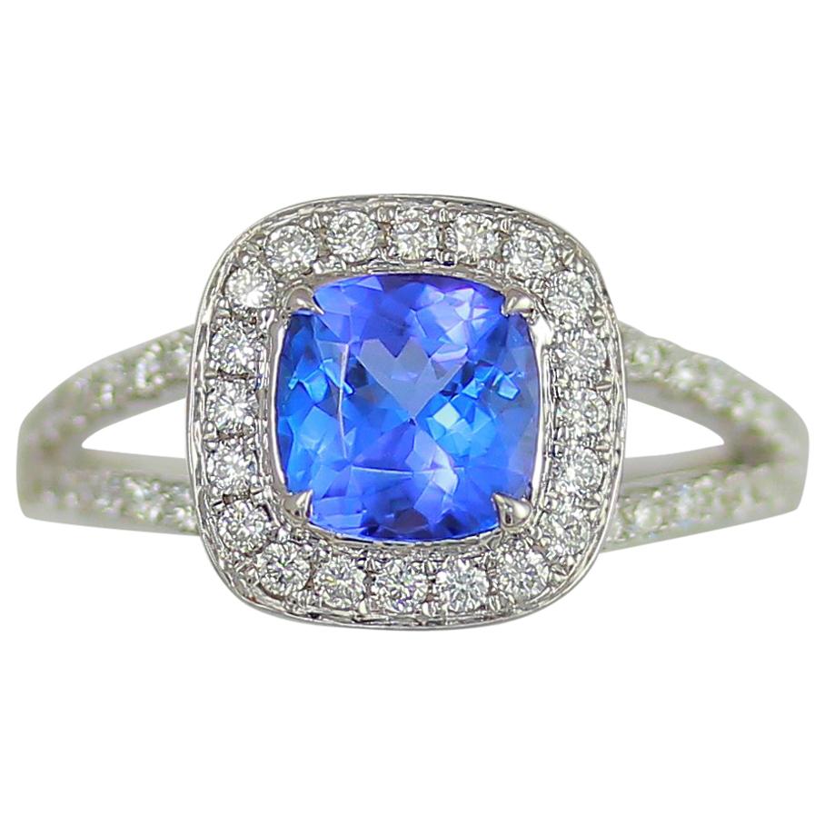 Frederic Sage 1.35 Carat Cushion Tanzanite and White Diamond One of a Kind Ring For Sale
