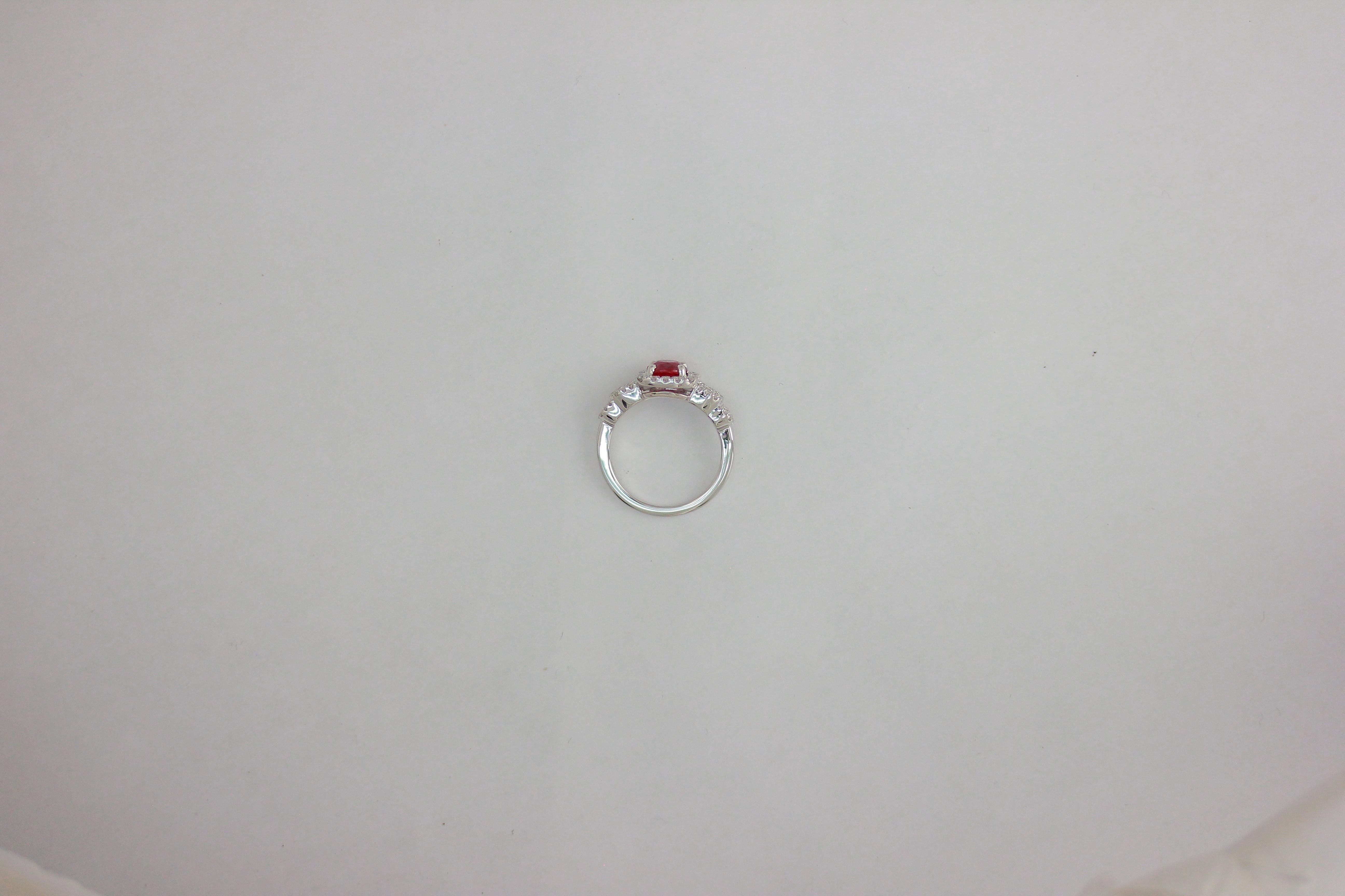 18K WG 1.38 RUBY CTR AND 5  STONE WITH CUSH MICROSET HALO OAK RING, 54 DIA 0.66 Carats