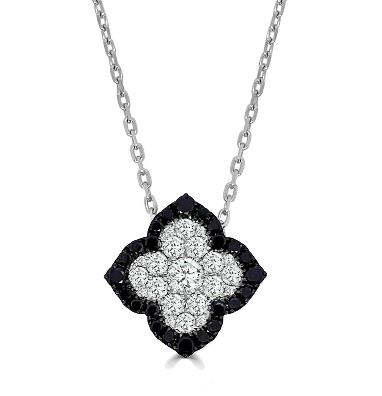 14K White Gold Large Fleur D’amour Black Diamond Outside & White Diamond Inside, Pendant With Hidden Bale & With Mini Paperclip Chain 24 BDIA 0.52, 21 DIA 0.62 CT, approx 16.5 mm

Available in other metal/ gemstone options: This Diamond pendant can