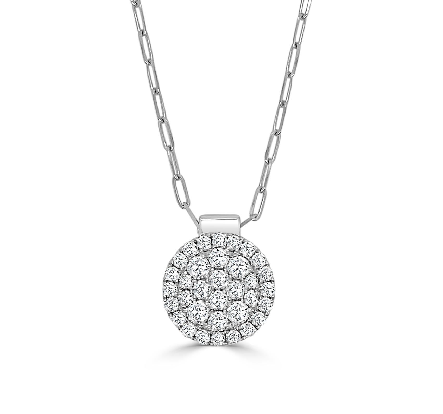 14K White Gold Medium 2 Round Firenze II DIamond Cluster Pendant With Polished Bale & Chain, 34 DIA 0.91 CT. approx 12.5 mm dia / 15 mm incl top

Available in other metal/ gemstone options: This Diamond pendant can be made in white, pink or yellow