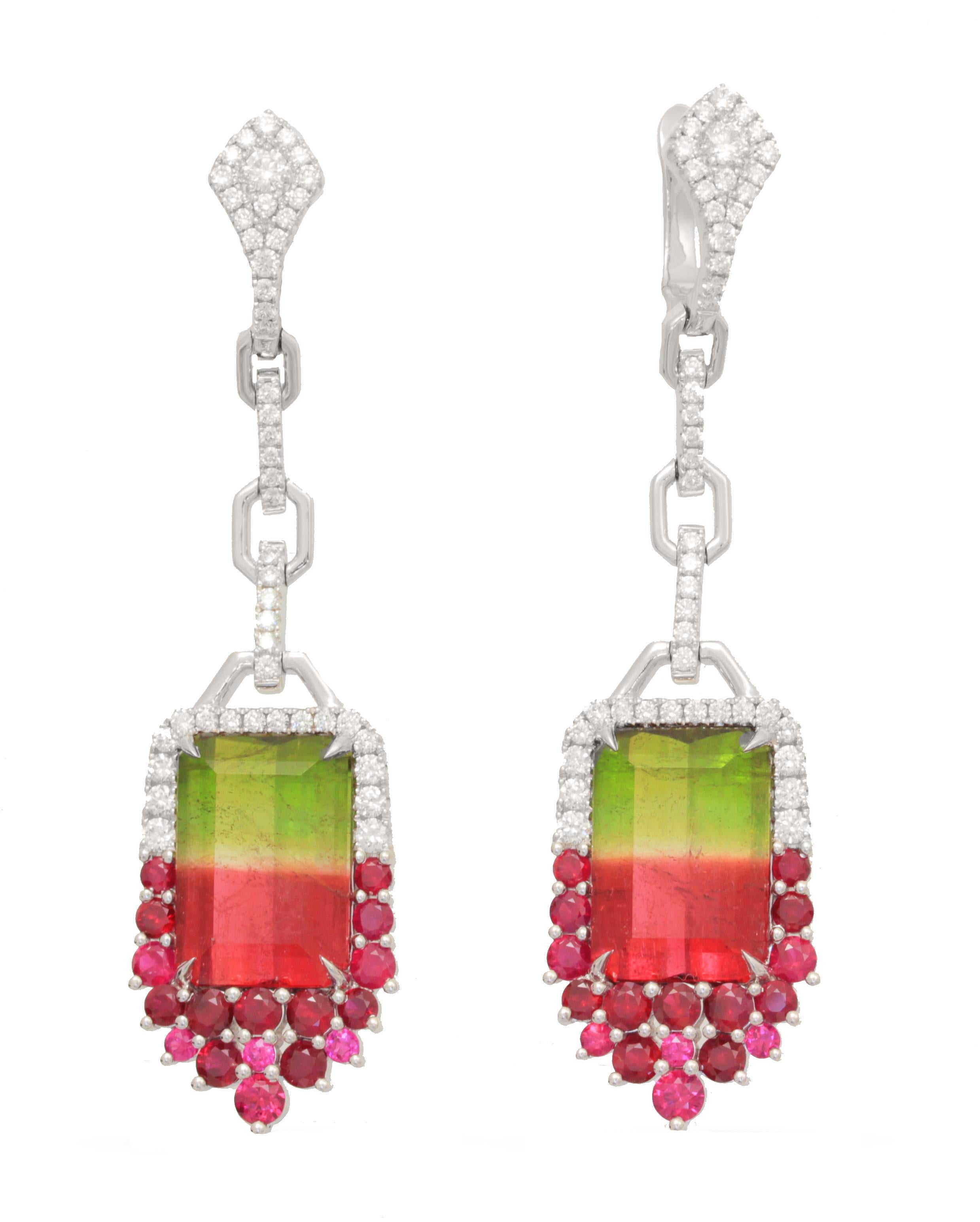 Contemporary Frederic Sage 15.78 Carat Watermelon Tourmaline Diamond Ruby Earrings For Sale