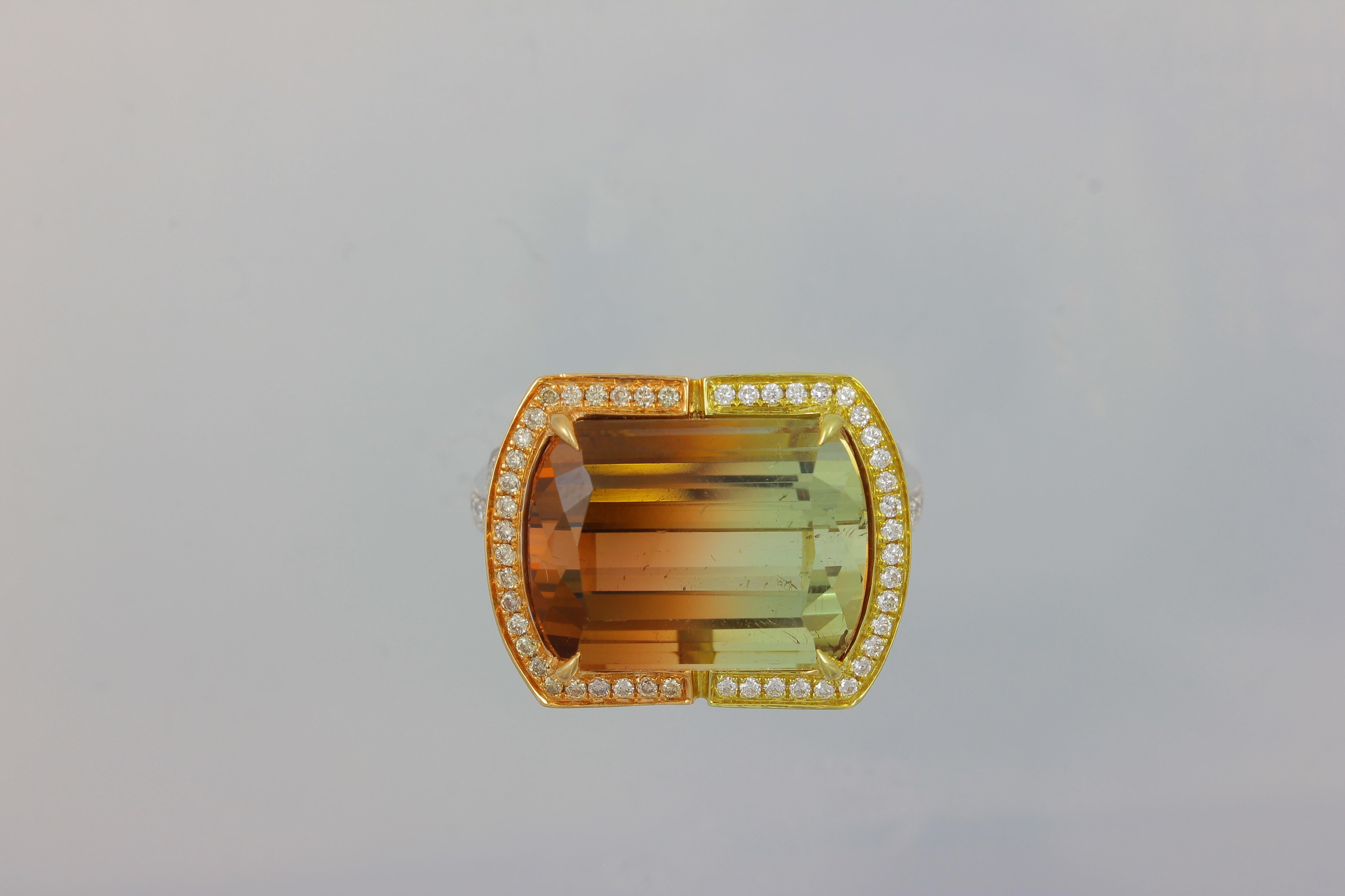 Emerald Cut Frederic Sage 16.75 Carat Bi-Color Tourmaline Diamond Ring For Sale
