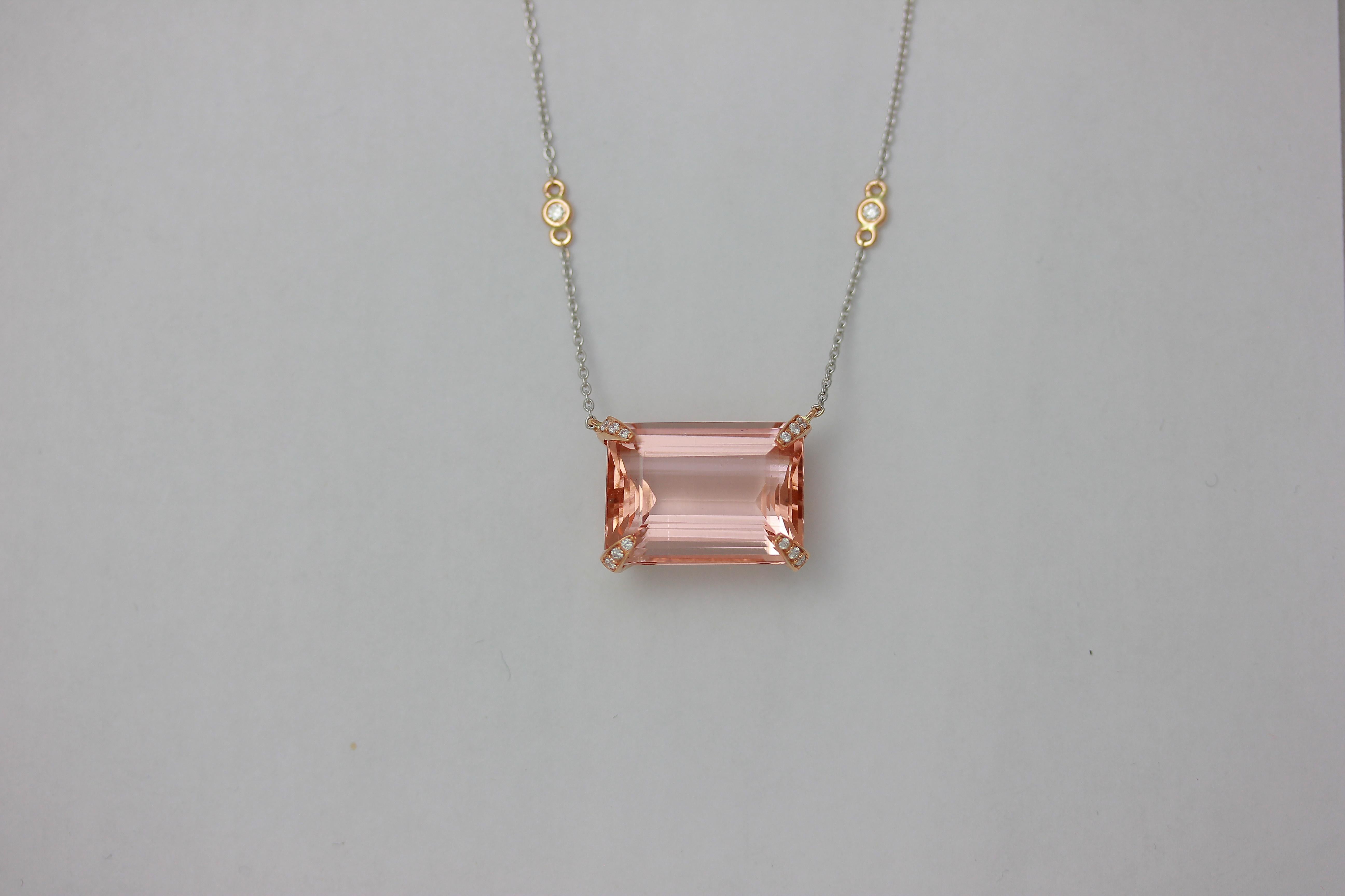 18K PWG EC MORGANITE WITH PG DIAMOND PRONGS OAK PENDANT WITH ATTACHED PWG DIAMOND CHAIN, MORG 16.81 Carats, 6 DIA 0.12 CT, 12 DIA 0.08 Carats