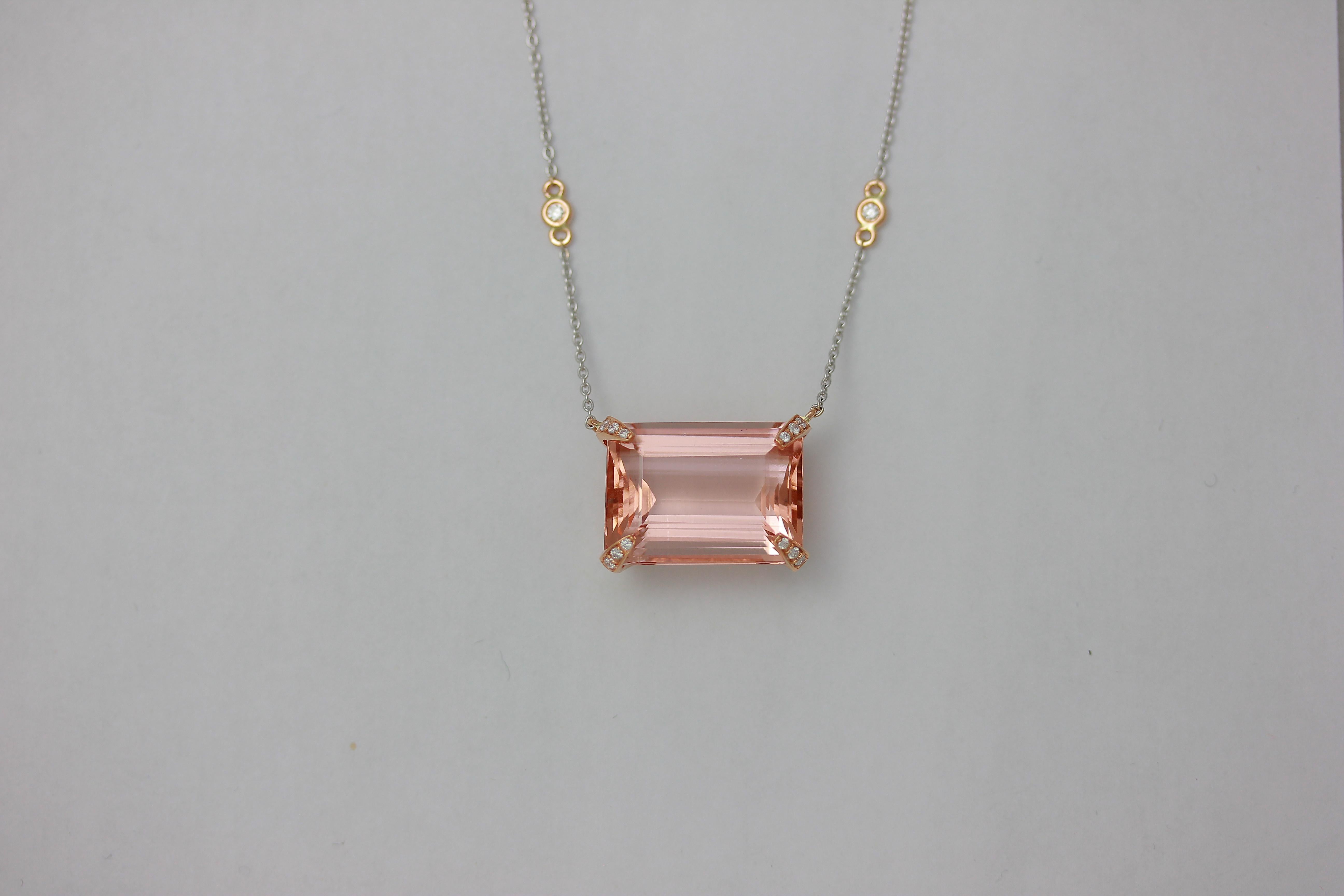 Emerald Cut Frederic Sage 16.81 Carat Morganite and Diamond One of Kind Pendant with Chain For Sale