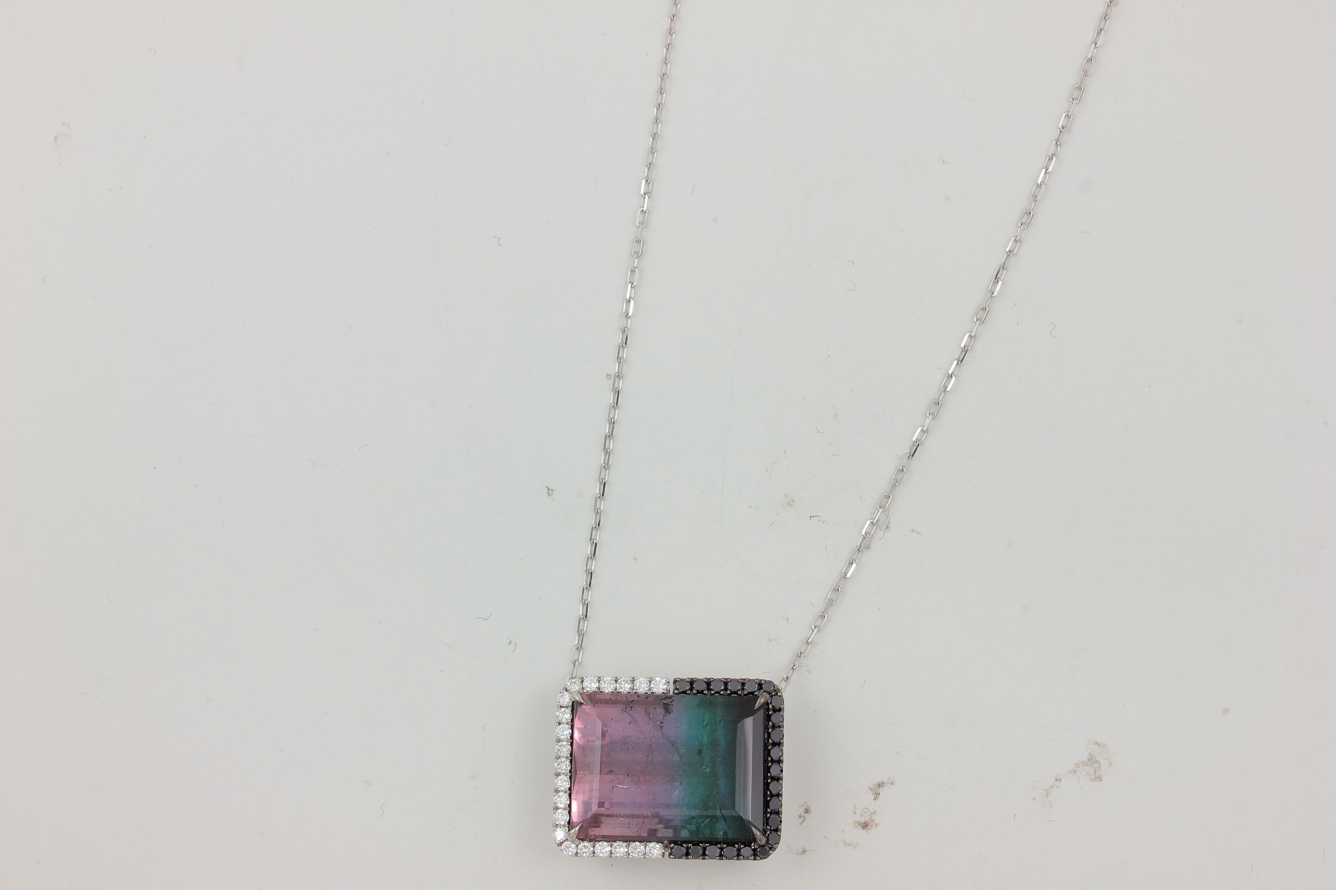 18K WG EC BICOLOR LAVENDER TO GREEN TOURMALINE WITH ONE SIDE IN BLACK DIAMONDS ONE SIDE WHITE DIAMONDS ONE-OF-A-KIND PENDANT WITH ATTACHED CHAIN 
BC TOURM 18.80
21 Black Diamonds  0.34 Carats 21 DIA 0.29 Carats