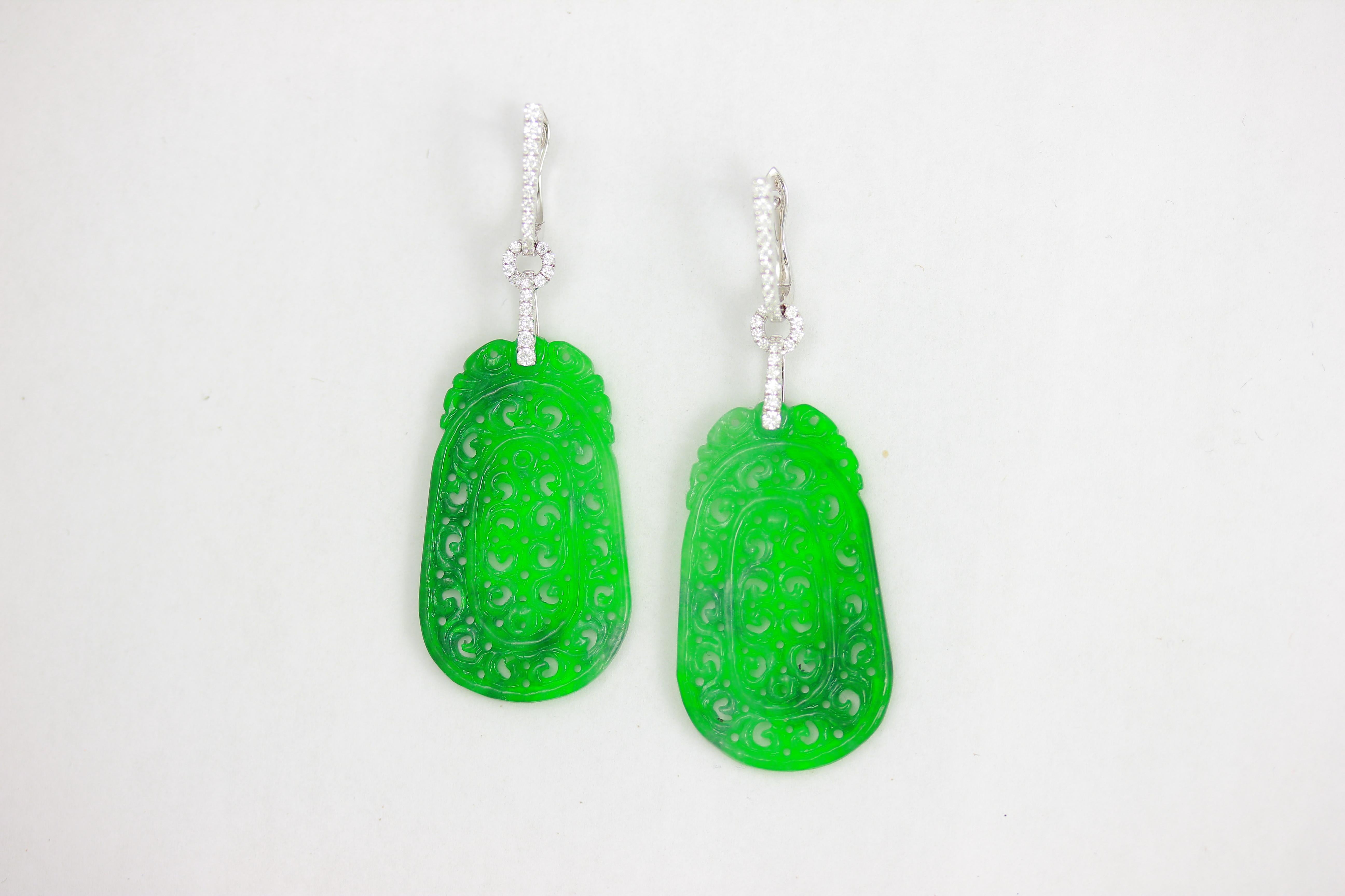 18K WG OVAL-SHAPED CARVED GREEN JADE WITH DIAMOND TOP OAK  EARRINGS, 2 GJD 27.44 CT, 54 DIA 0.43 Carats