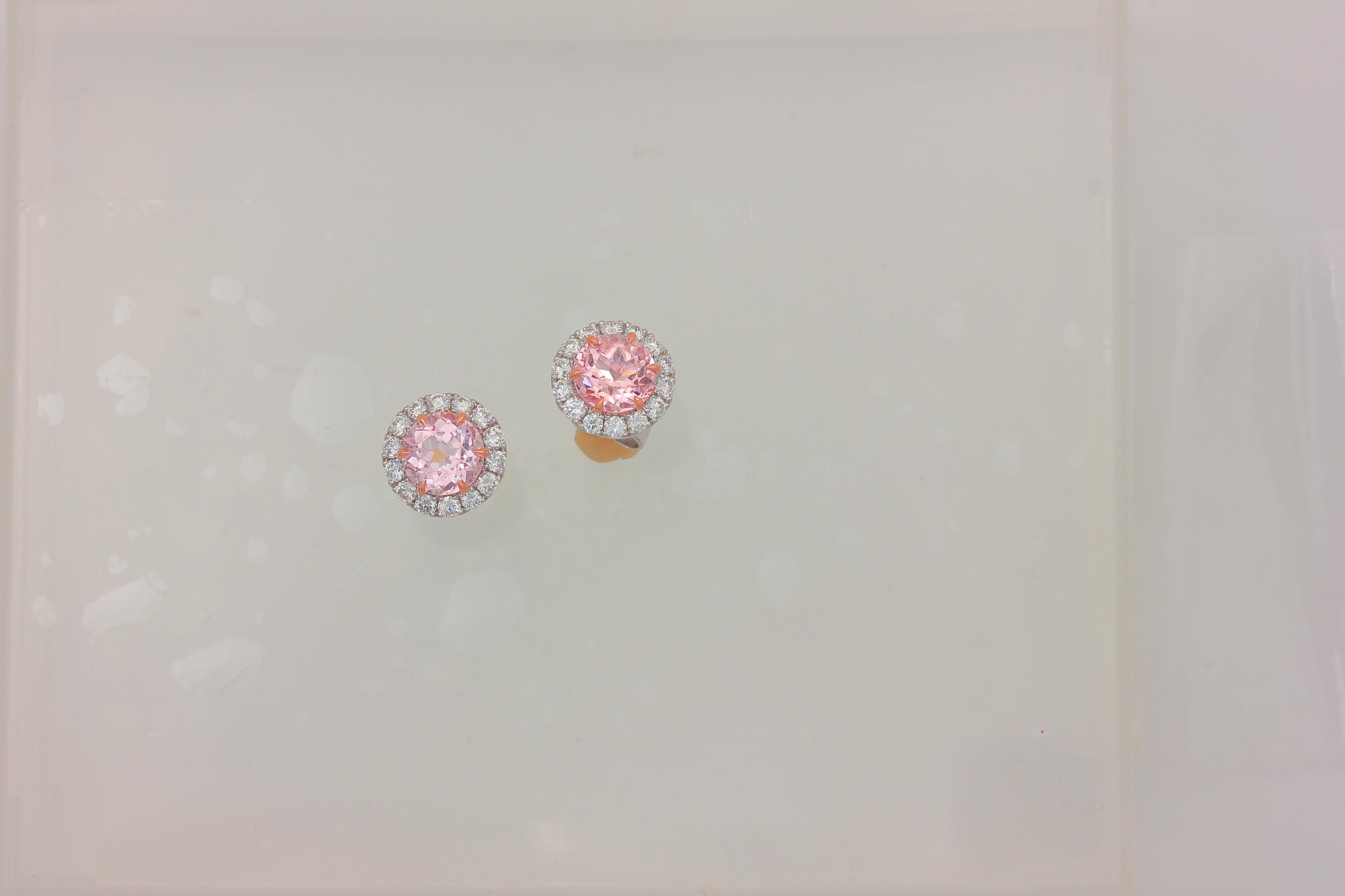 Contemporary Frederic Sage 2.78 Carat Round Morganite and Diamond Studs For Sale