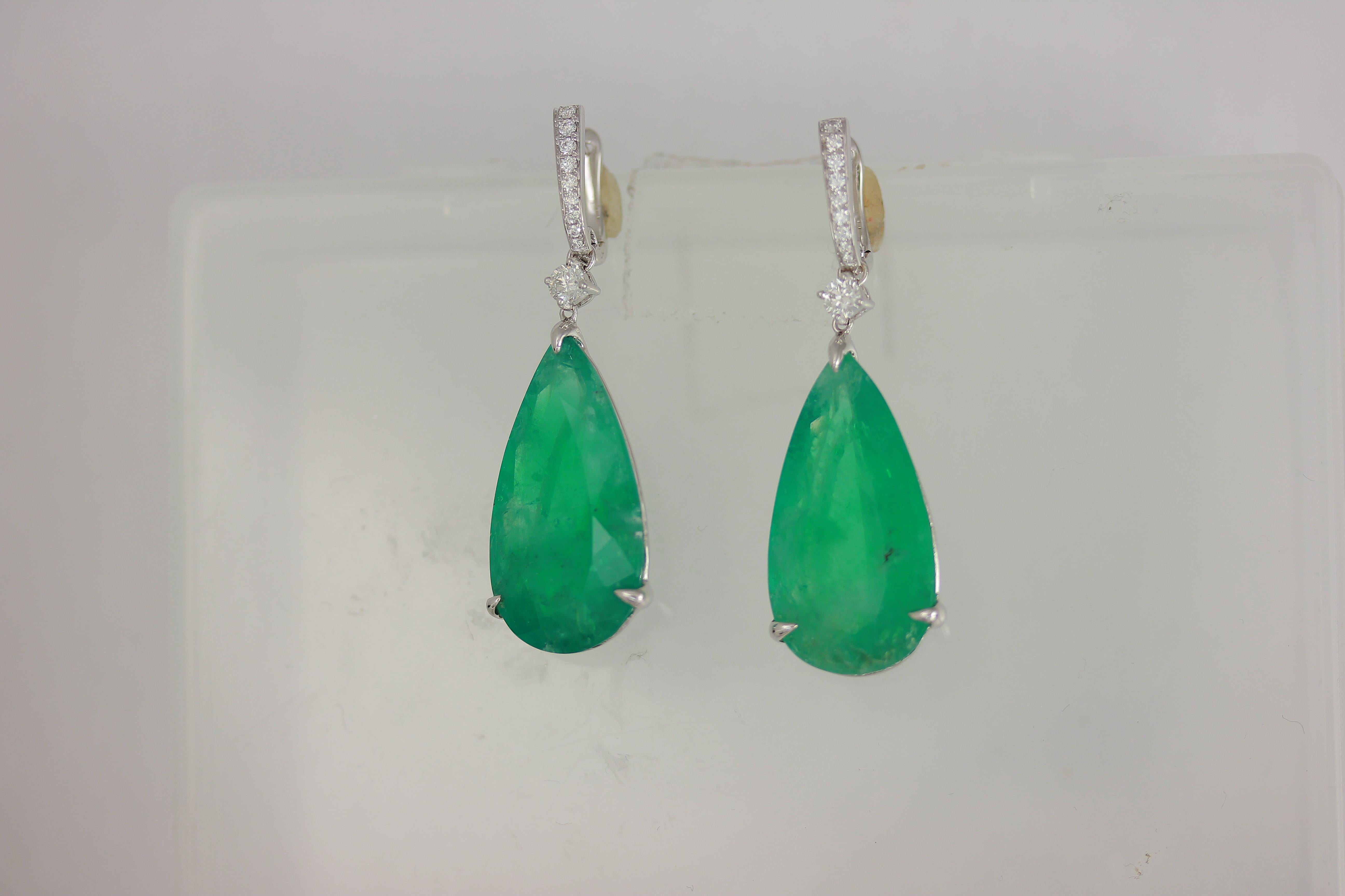 Contemporary Frederic Sage 38.83 Carat Brazilian Emerald One of Kind Cocktail Drop Earrings For Sale