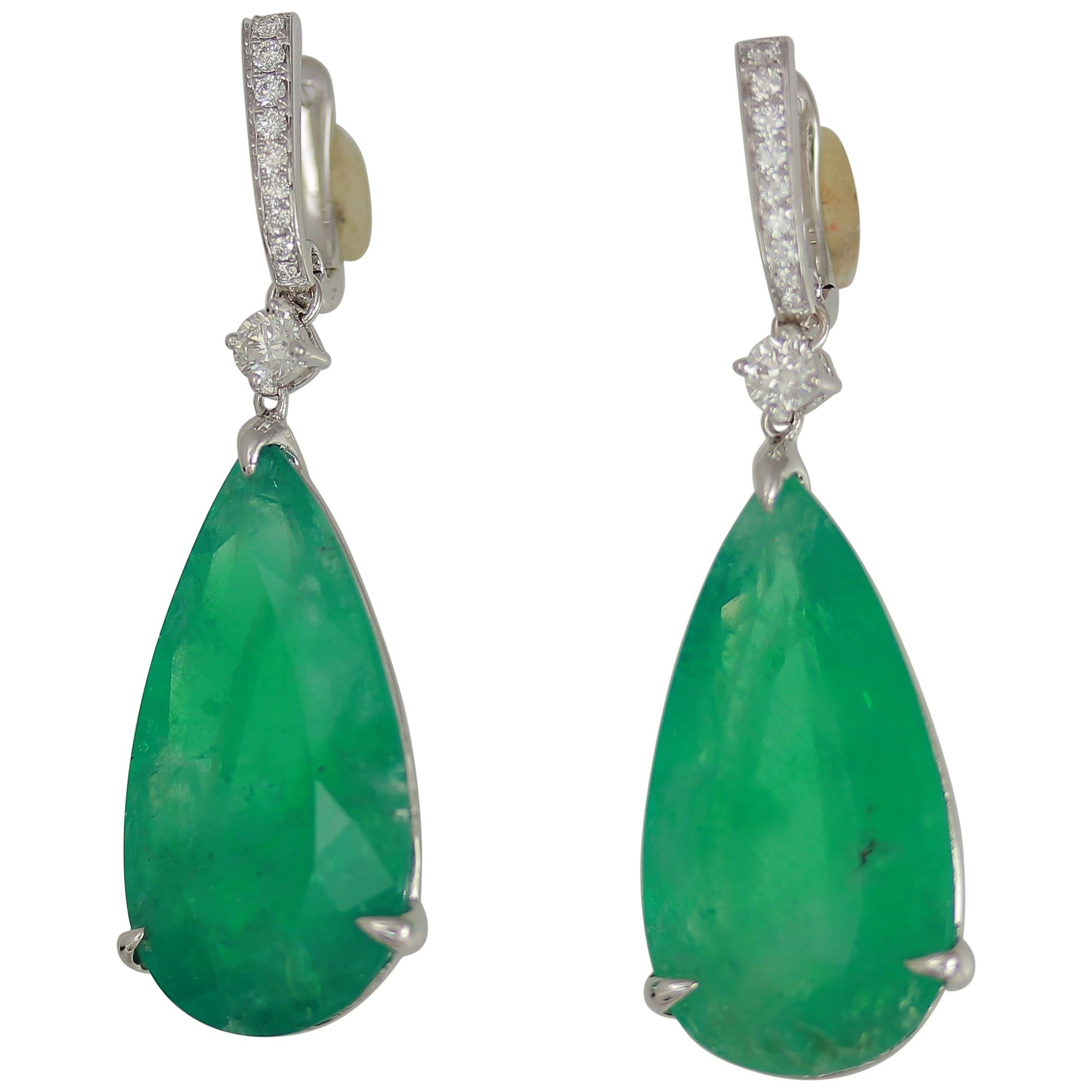 Frederic Sage 38.83 Carat Brazilian Emerald One of Kind Cocktail Drop Earrings For Sale
