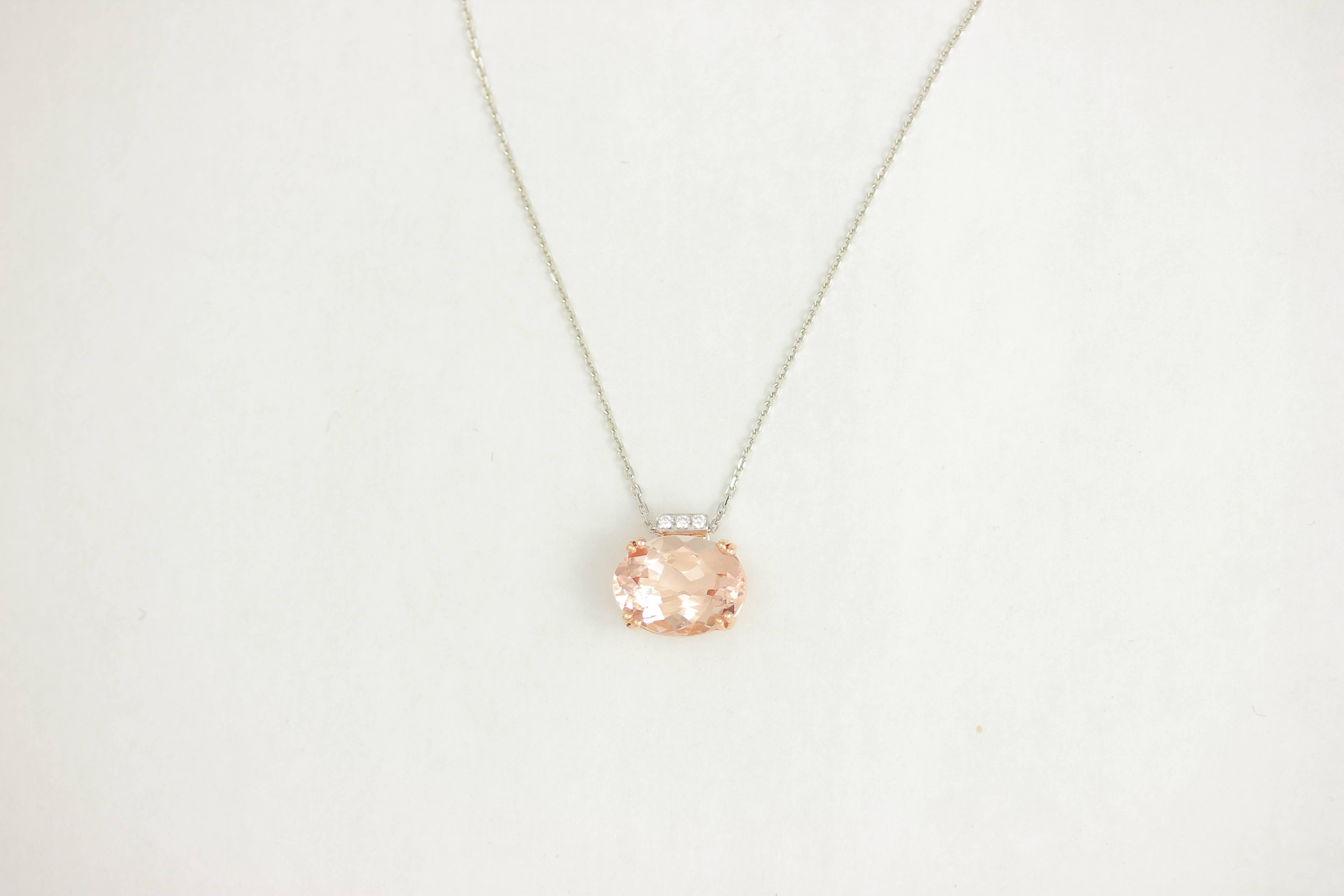 18K WPG HORIZONTAL OVAL MORGANITE WITH PG BASKET AND WG DIAMOND BALE PENDANT WITH WG CHAIN, MORG 4.07 Carats, 3 DIA 0.03 Carats