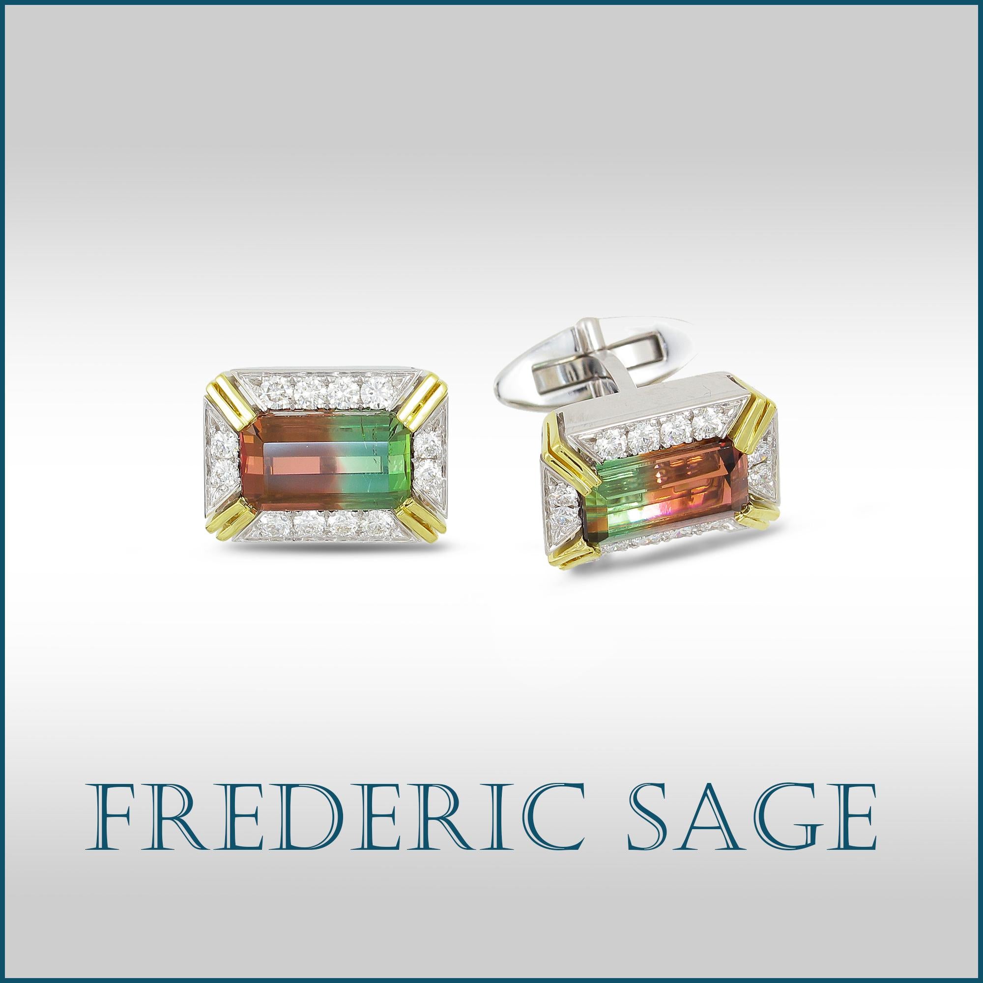 One-of- a kind Frederic Sage Emerald cut Watermelon Tourmaline Cufflinks with diamonds set in 18k White and Yellow Gold. 

Watermelon Tourmaline 9.29 ct
Diamond Count 24
Diamond weight 1.10 ct