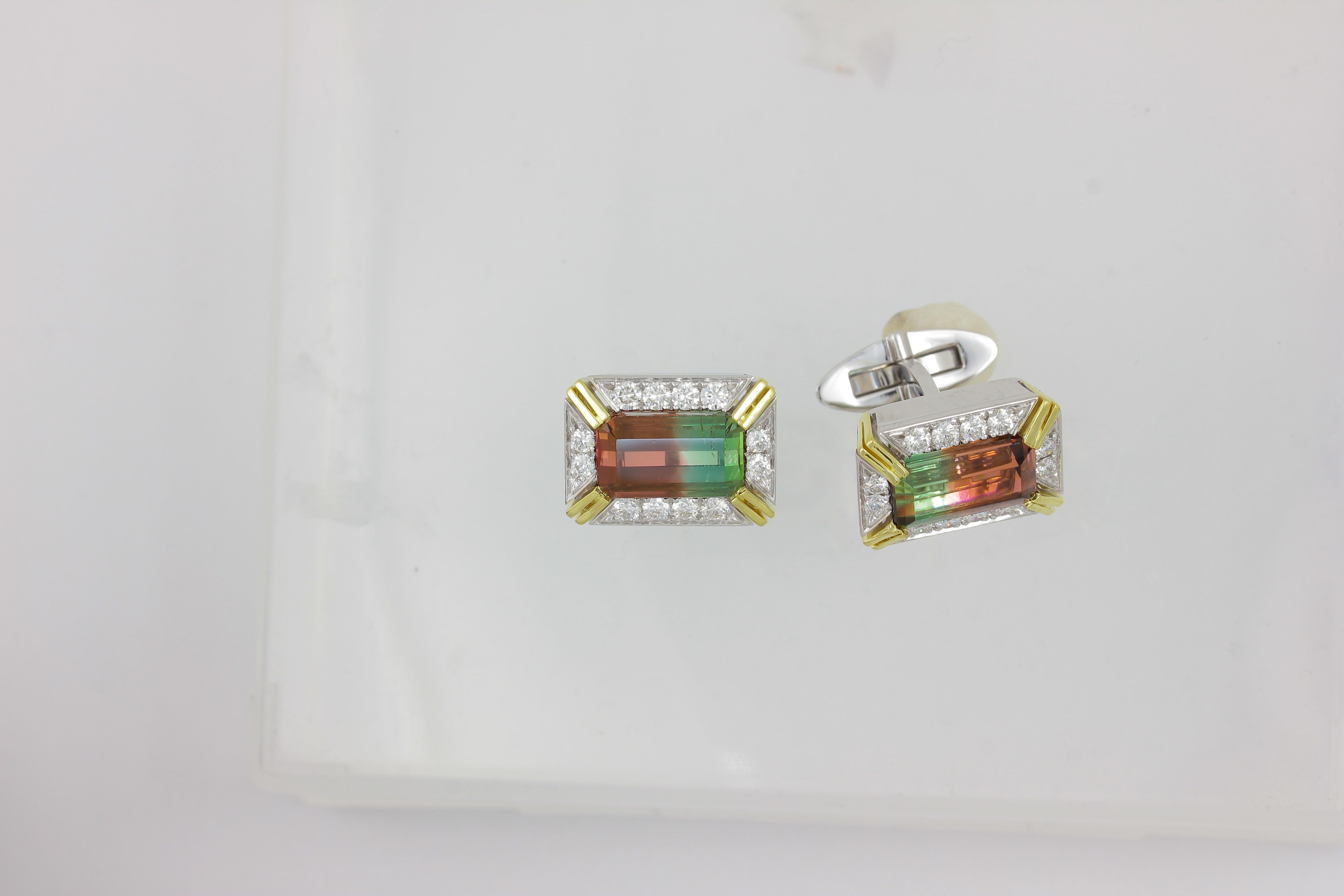 Women's or Men's Frederic Sage 9.29 Carat Watermelon Tourmaline White and yellow gold Cufflinks For Sale