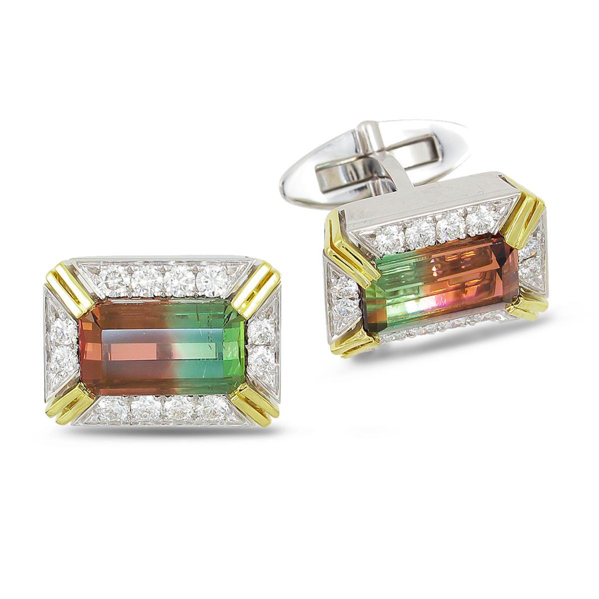 Frederic Sage 9.29 Carat Watermelon Tourmaline White and yellow gold Cufflinks For Sale 1