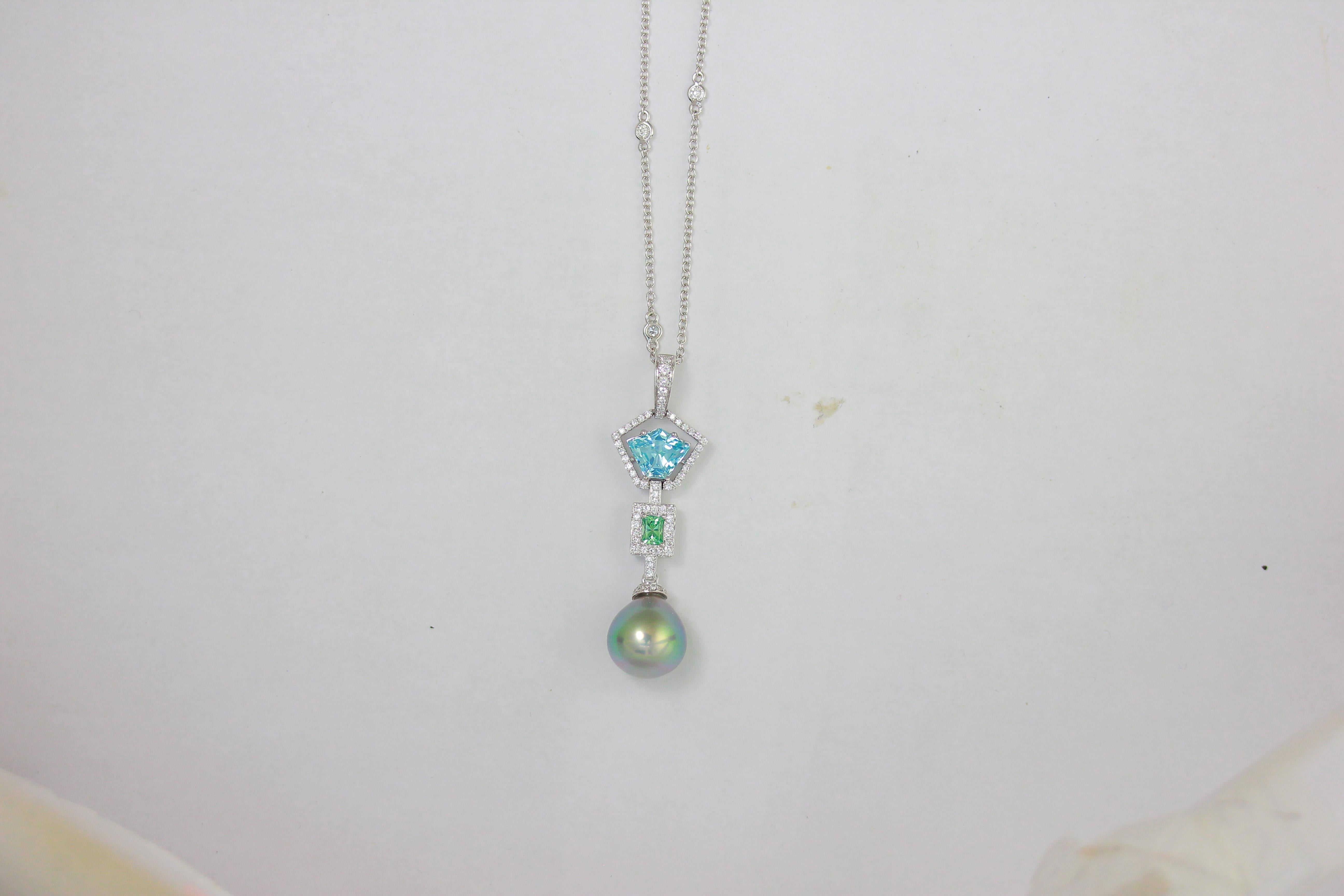 Contemporary Frederic Sage Blue Topaz, Green Tourmaline and Pearl Pendant