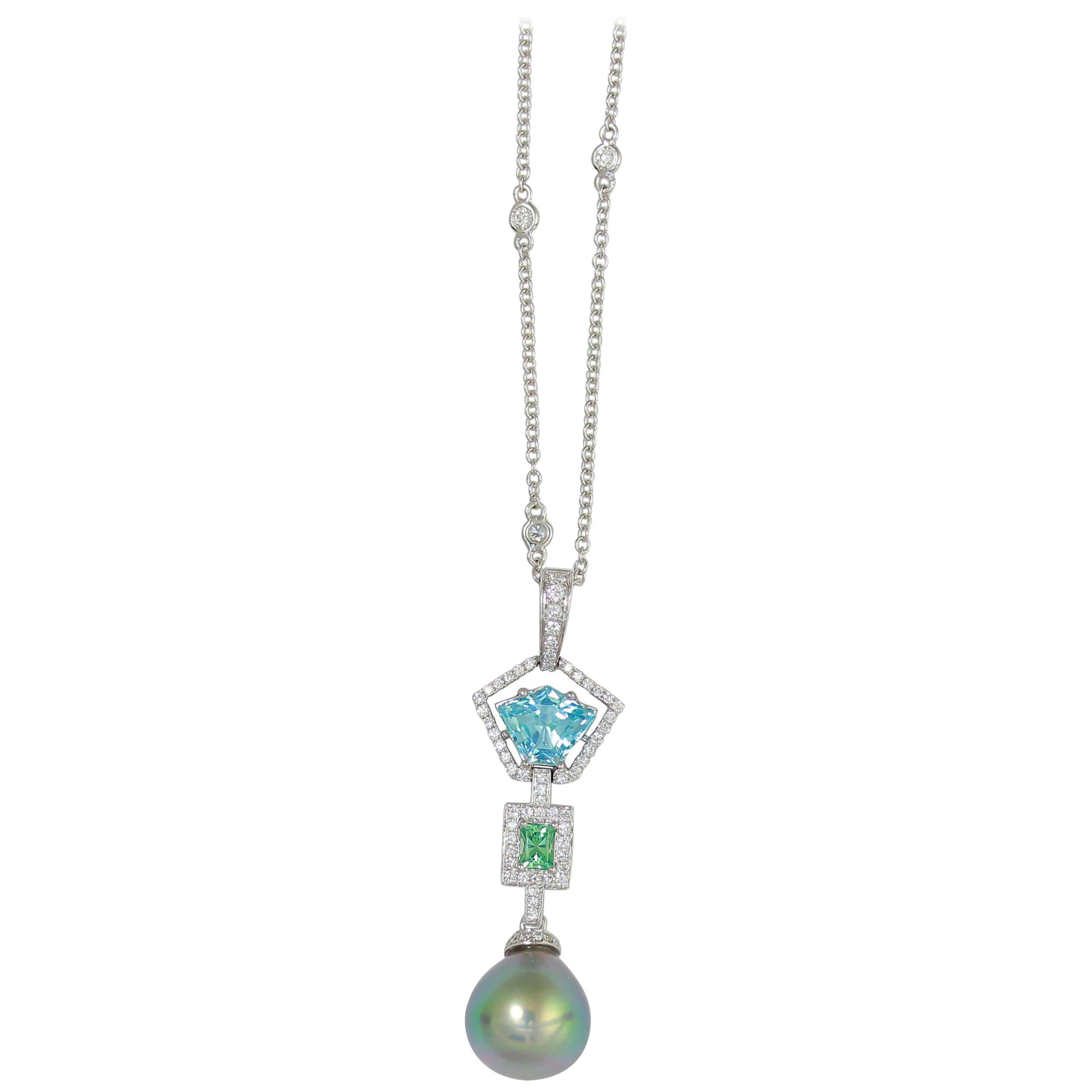 Frederic Sage Blue Topaz, Green Tourmaline and Pearl Pendant