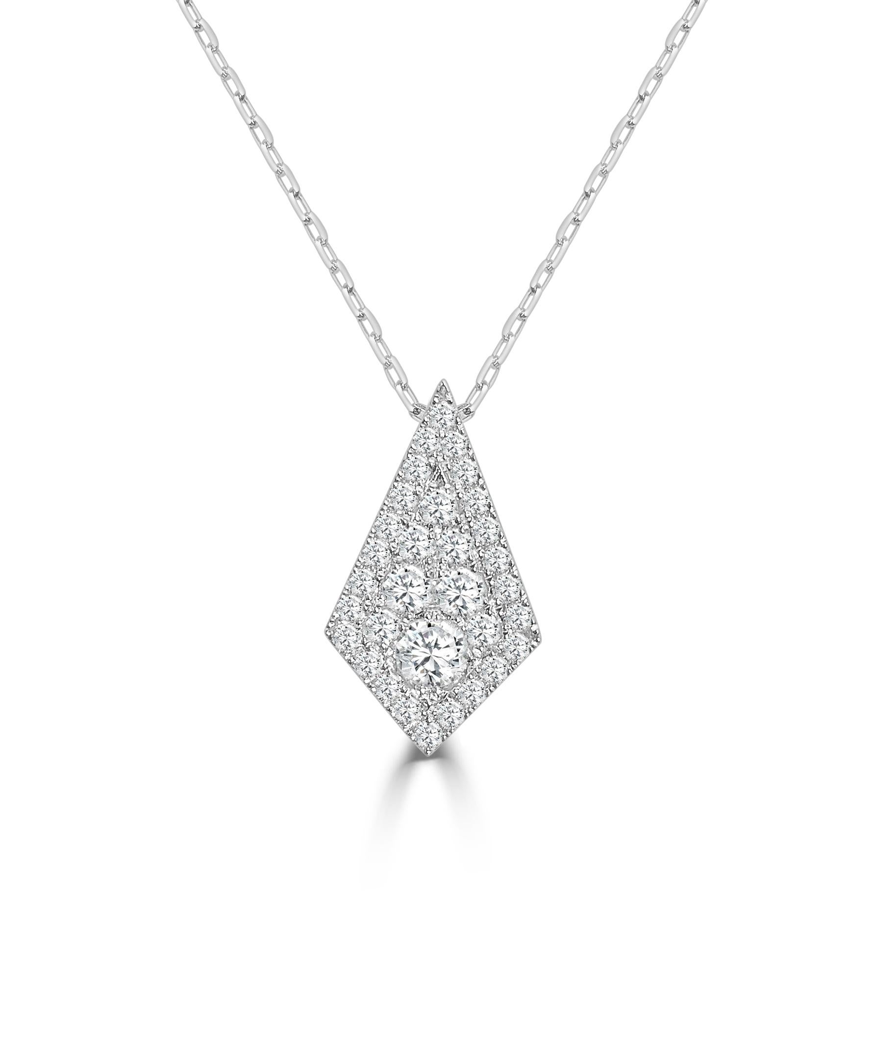 Extra Large Kite Shaped Firenze II Pendant With Chain, 0.89 Ct. approximately 11 mm x 20 mm

Available in other metal/ gemstone options: This Diamond pendant can be made in white, pink or yellow gold. 
Matching earrings, bangle and ring available or